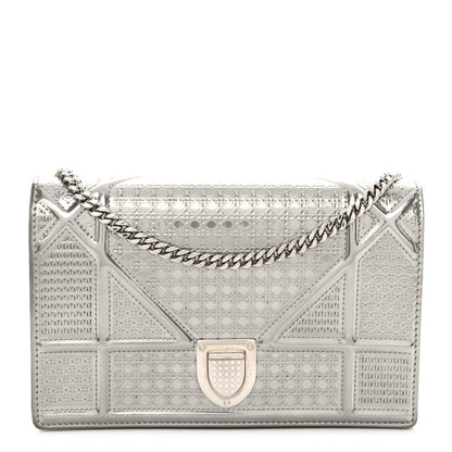 Christian Dior Metallic Patent Micro-Cannage Diorama Wallet on Chain Pouch Silver 1 of 9