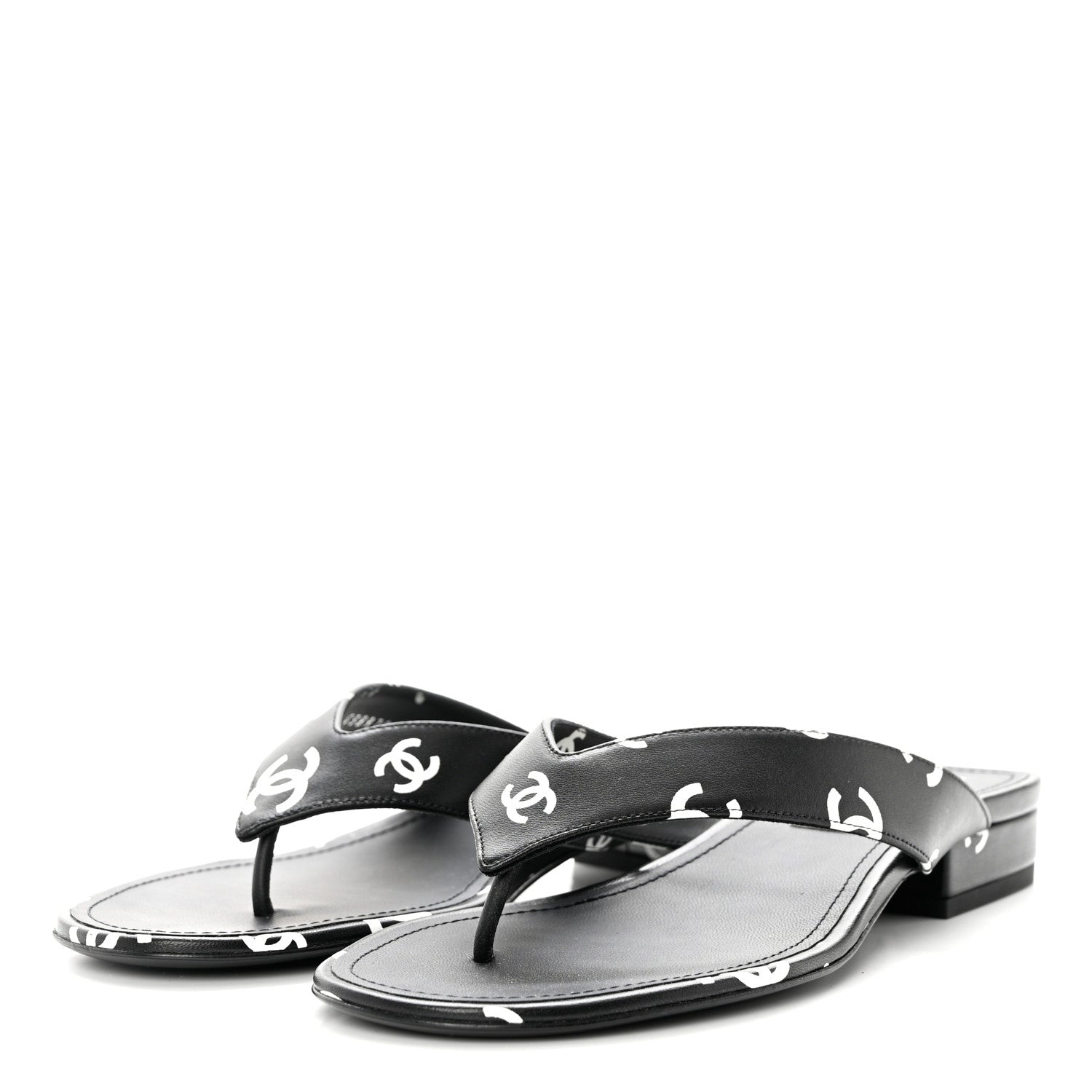 Chanel Lambskin Printed CC Thong Sandals 38 Black White 3 of 7