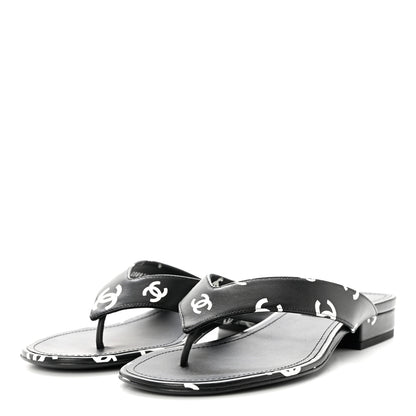 Chanel Lambskin Printed CC Thong Sandals 38 Black White 3 of 7