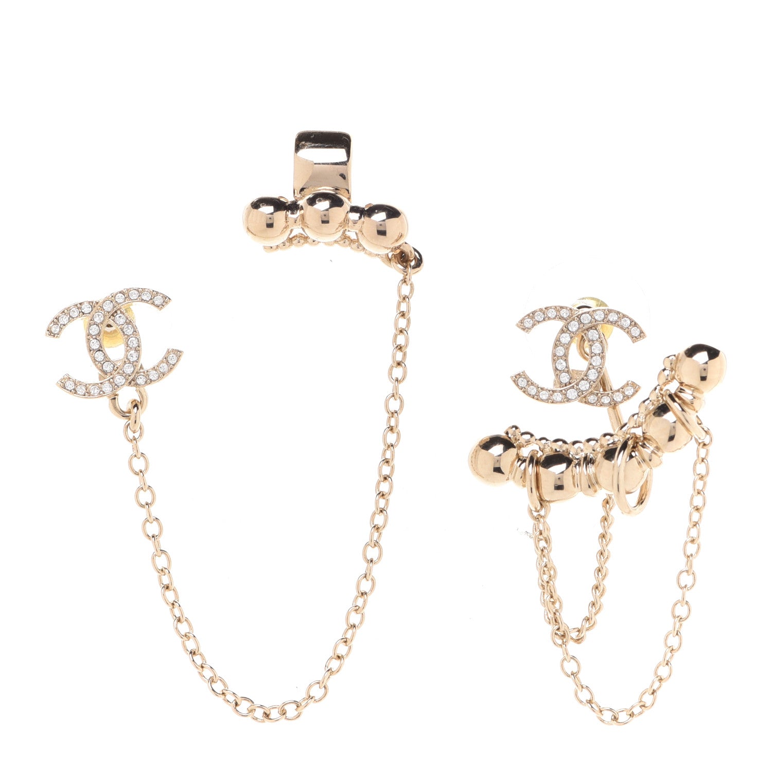 Chanel Metal Crystal CC Chain Cuff Earrings Gold 1 of 5