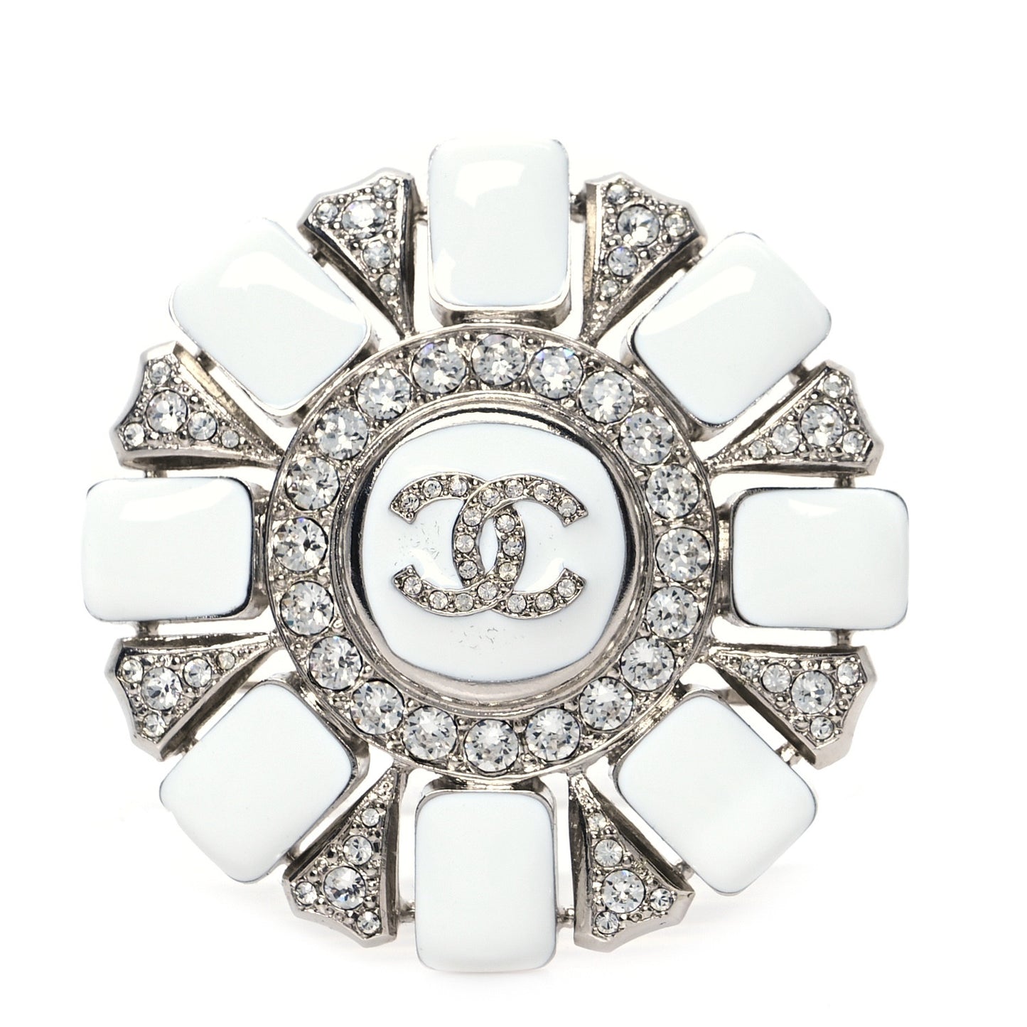 Enamel Crystal CC Brooch White Silver