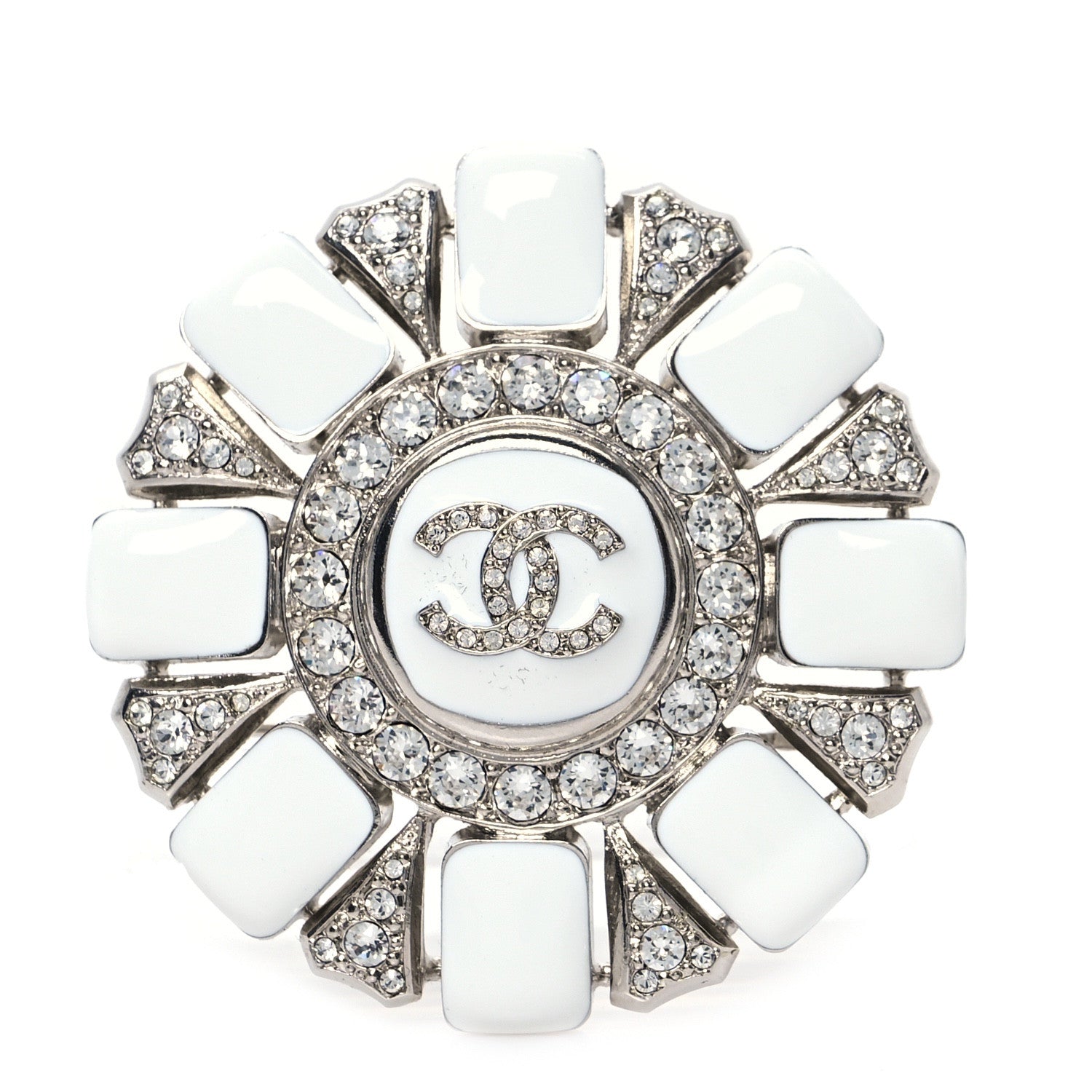 Chanel Enamel Crystal CC Brooch White Silver 1 of 4