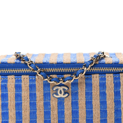 Chanel Raffia Jute Striped Small Vanity Case With Chain Blue Beige 10 of 11