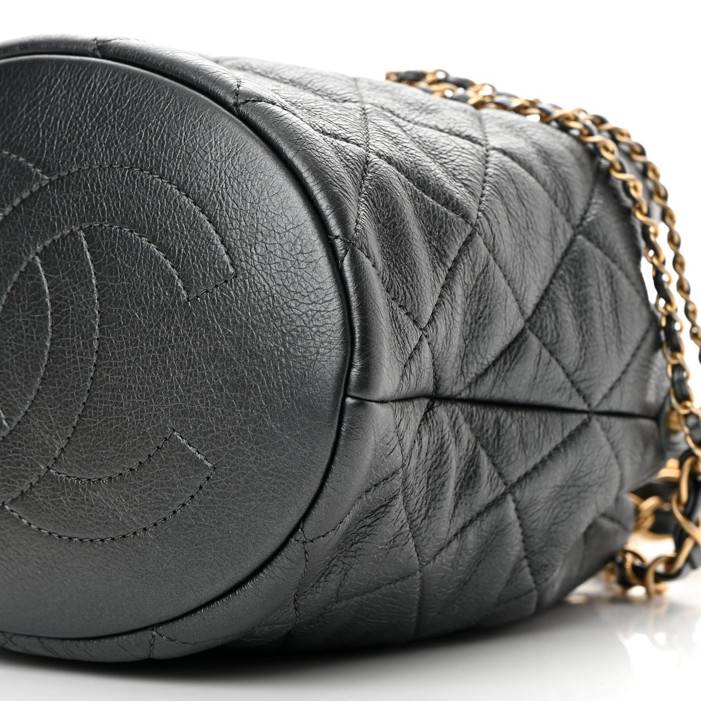 Metallic Lambskin Quilted Pearl Crown Drawstring Bag Anthracite
