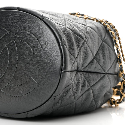 Chanel Metallic Lambskin Quilted Pearl Crown Drawstring Bag Anthracite 9 of 10