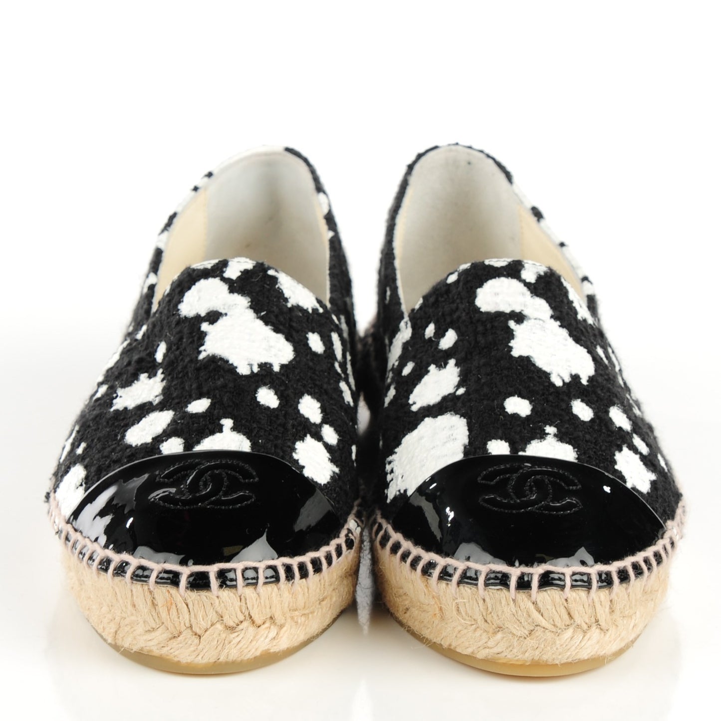 Patent Tweed Splatter Paint Print Cap Toe CC Espadrilles 38 Black White