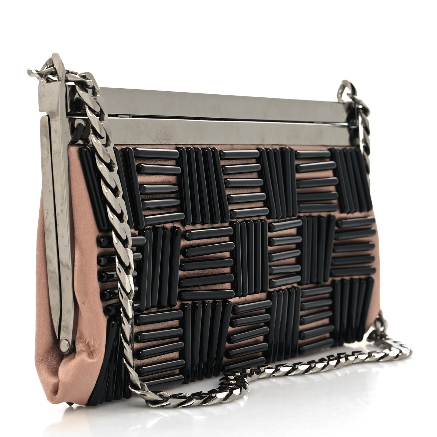 Metal Satin Beaded Frame Logo Clutch Pink Black Silver