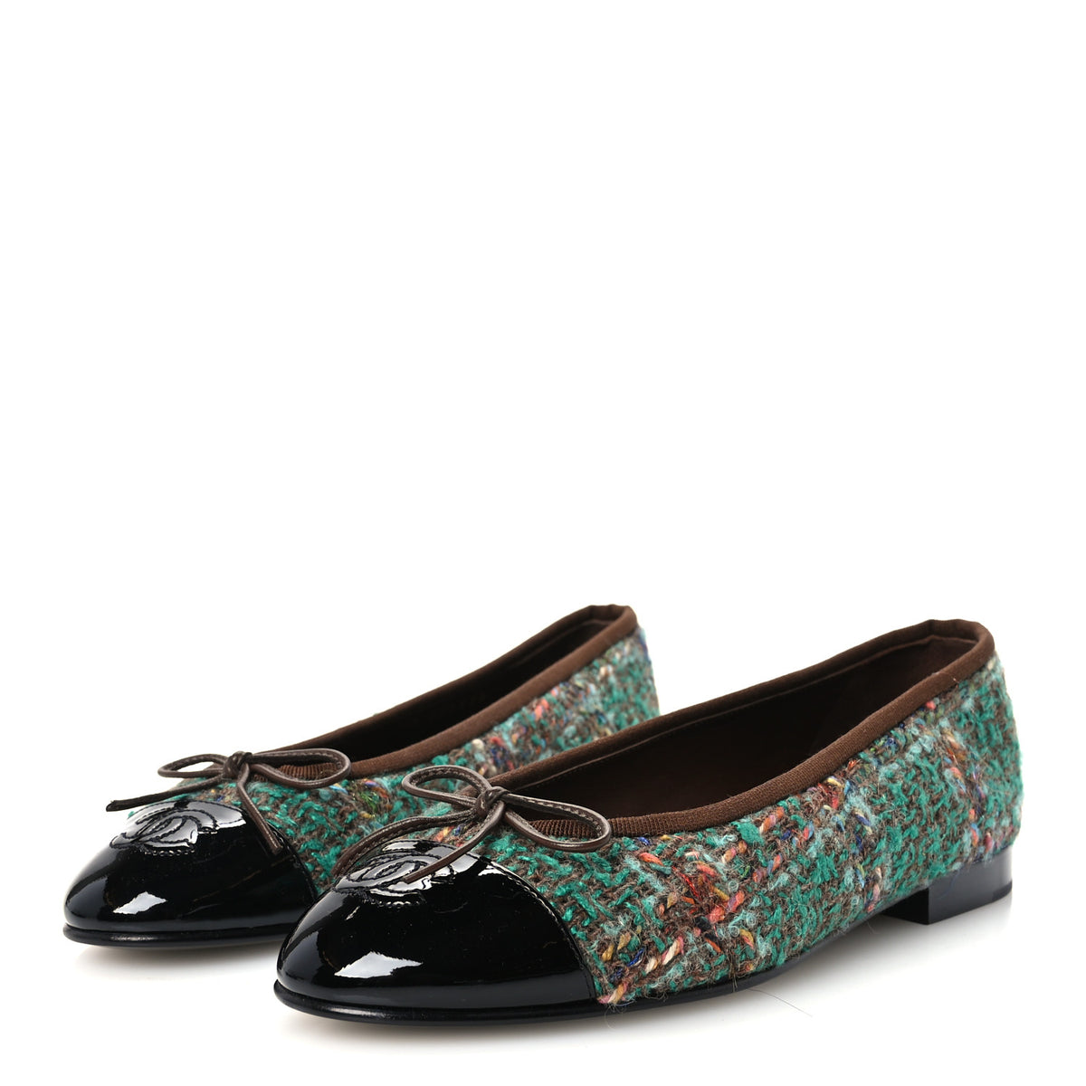 Wool Silk Tweed Patent Cap Toe Ballerina Flats 37 Dark Green Brown Blue Black