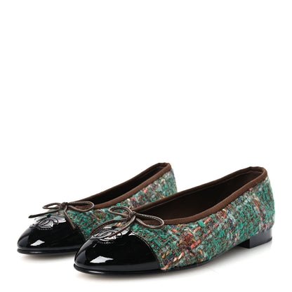 Chanel Wool Silk Tweed Patent Cap Toe Ballerina Flats 37 Dark Green Brown Blue Black 4 of 10