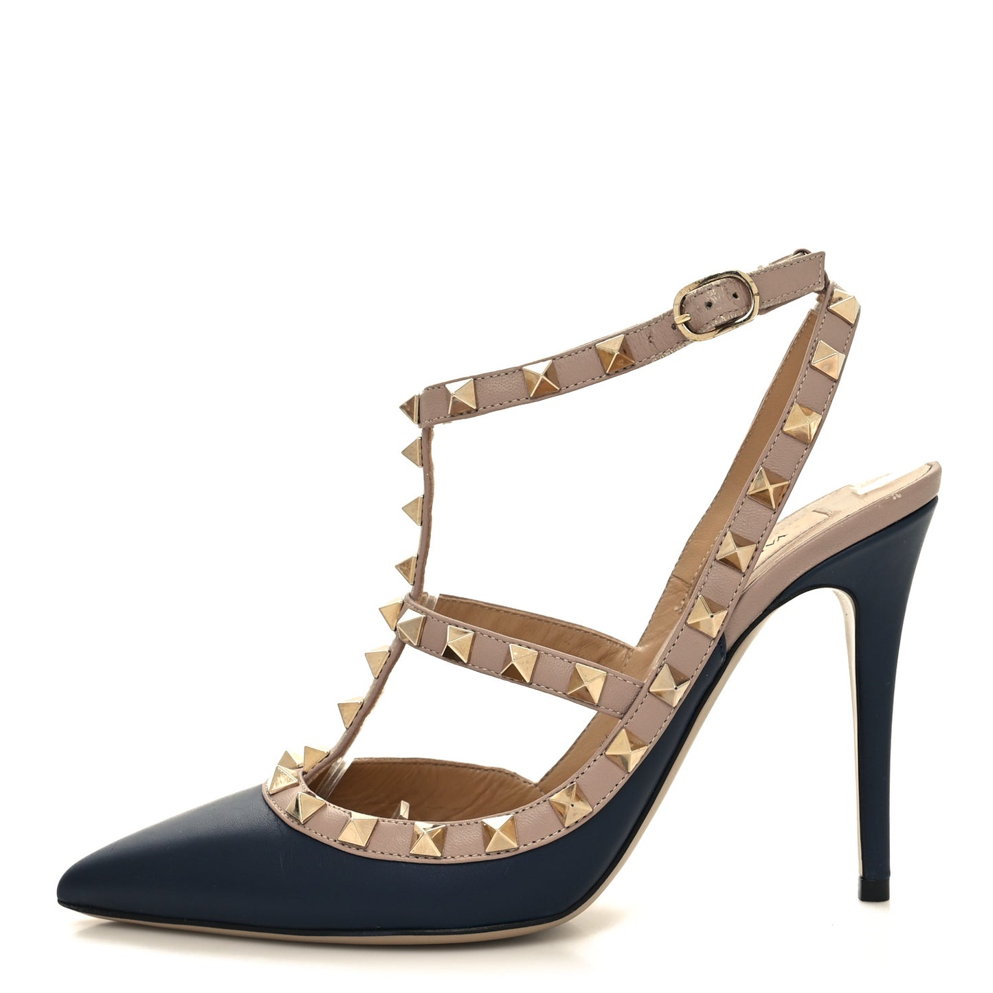 Calfskin Nappa Rockstud Ankle Strap 100mm Pumps 37 Marine Poudre