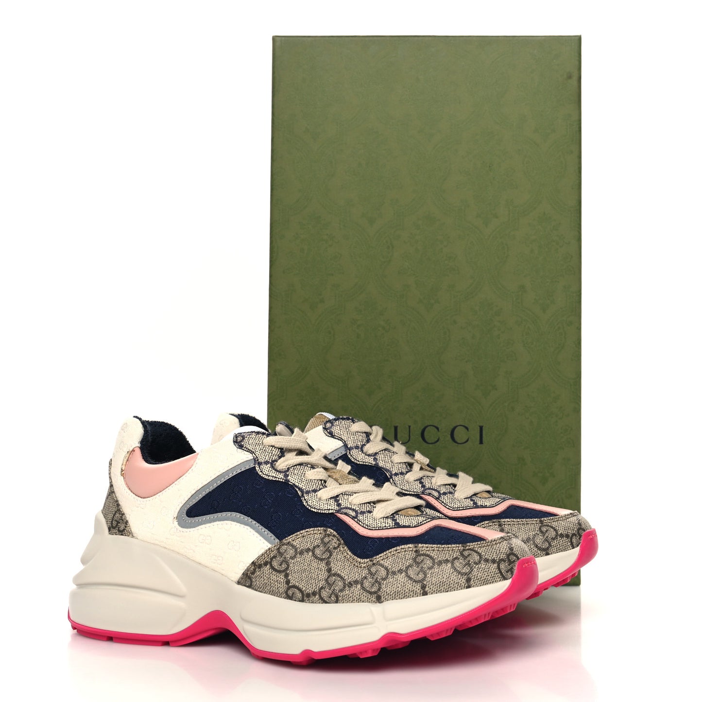 GG Supreme Monogram Mix Monogram Womens Rhyton Sneakers 37.5 London Blue Beige Pale Pink