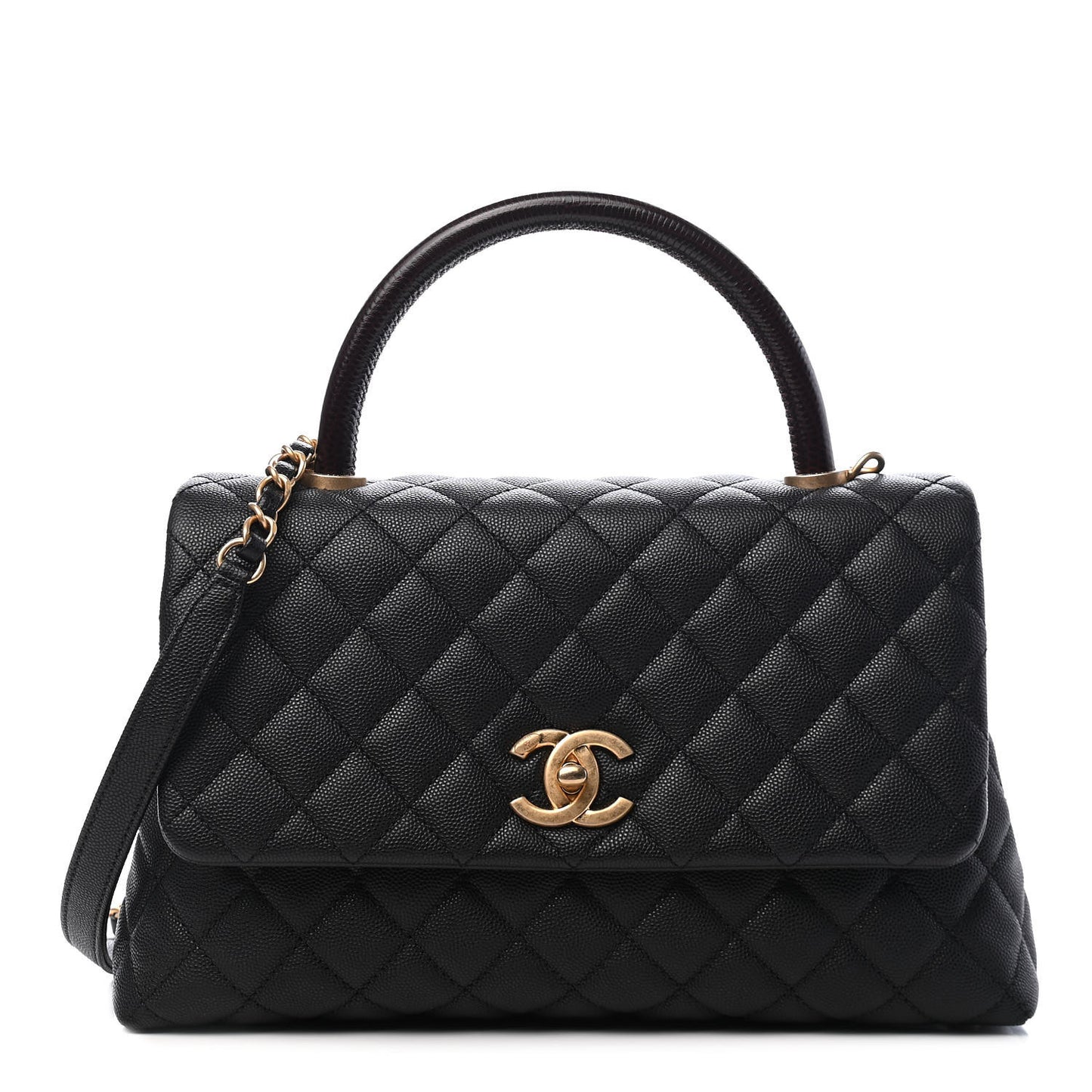 Caviar Lizard Embossed Quilted Small Coco Handle Flap Black