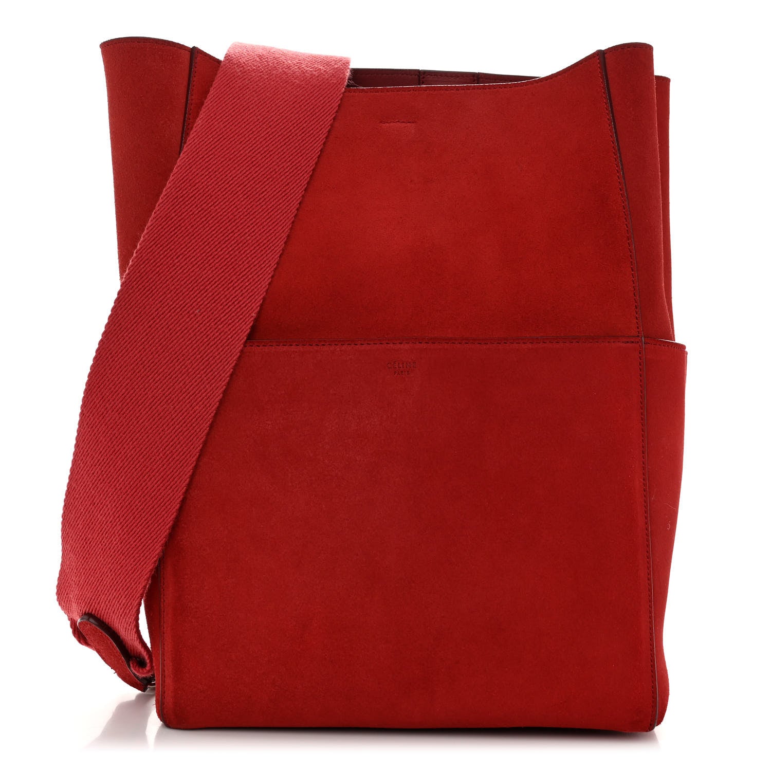 Celine Suede Calfskin Sangle Bucket Bag Red 1 of 11