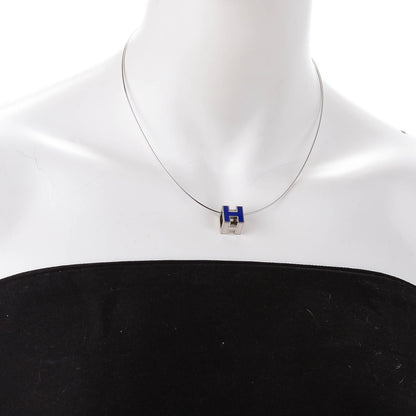 Hermes Lacquered Palladium Cage d'H Pendant Necklace Bleu Royal 2 of 5
