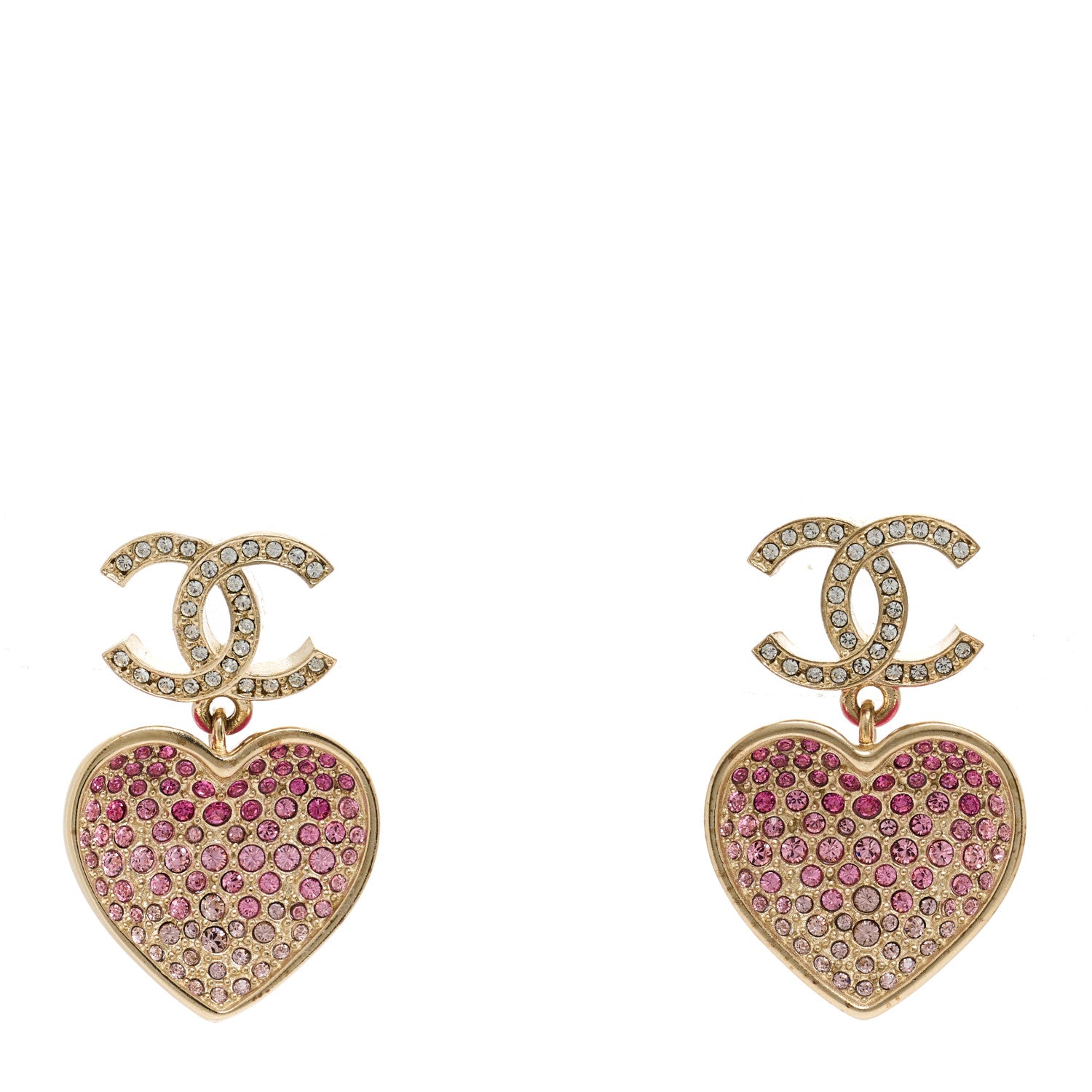 Chanel Crystal CC Resin Heart Drop Earrings Pink Gold 1 of 6