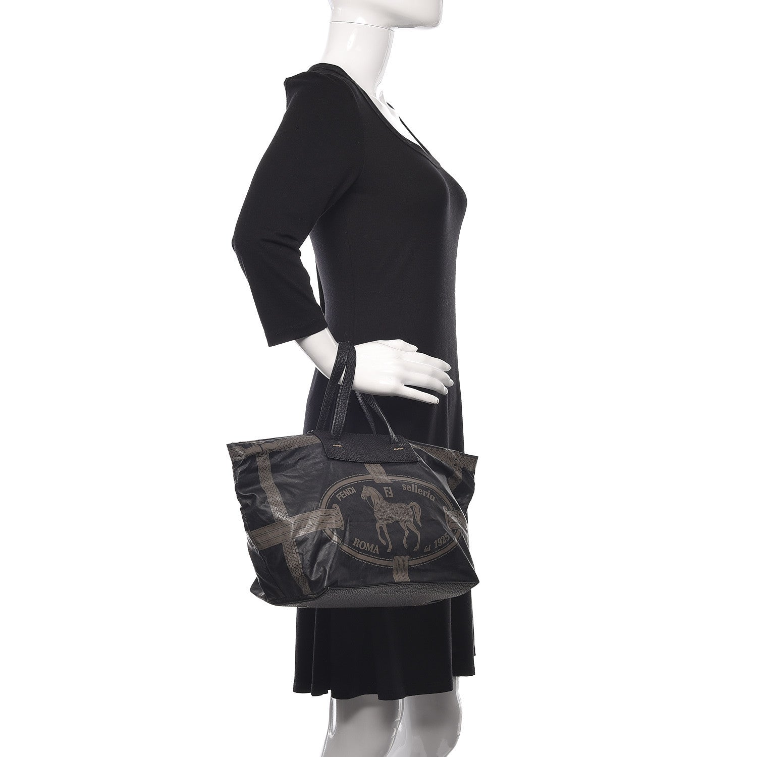 Fendi Nylon Calfskin Romano Selleria Villa Borghese Tote Black 2 of 9