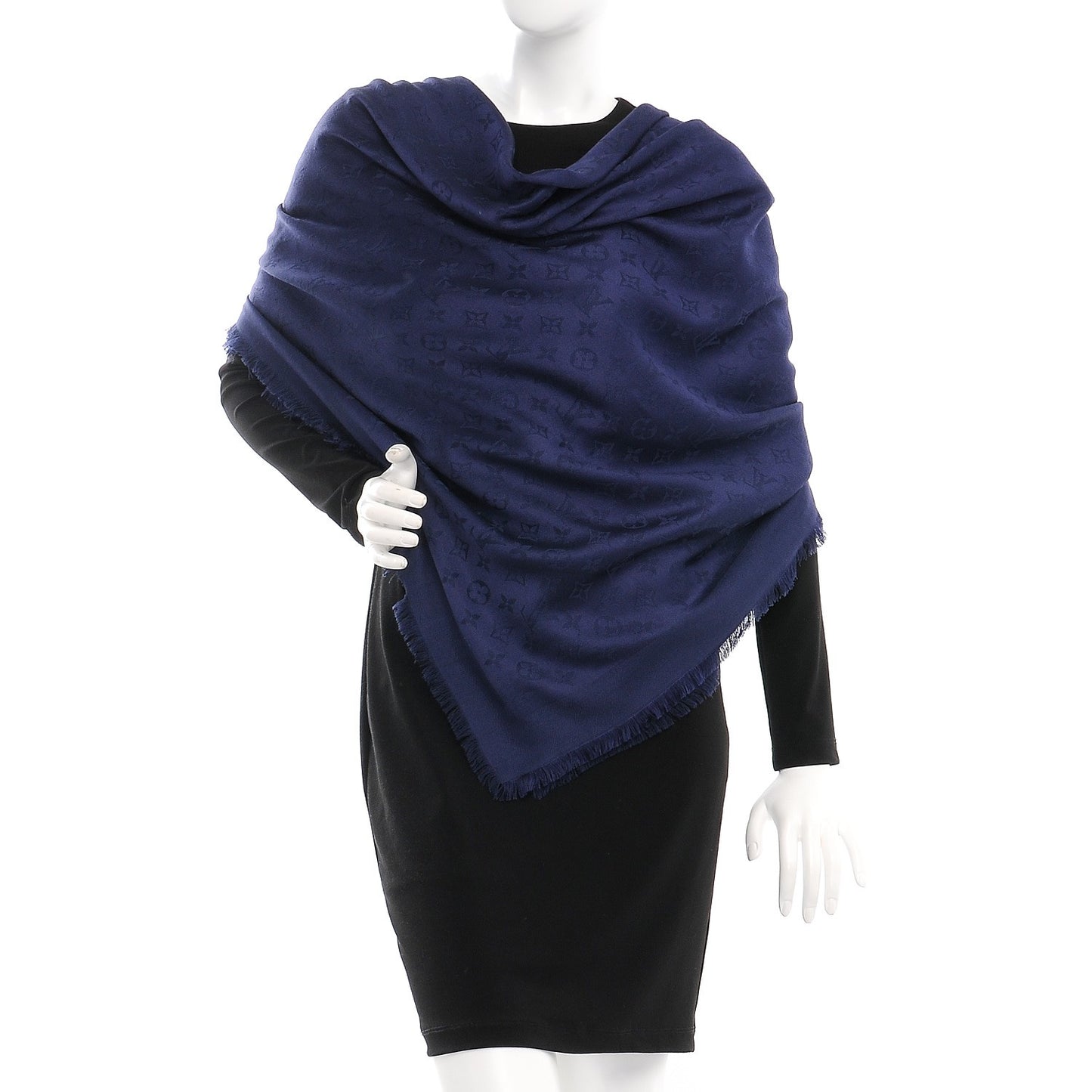 Wool Silk Monogram Shawl Blue Nuit
