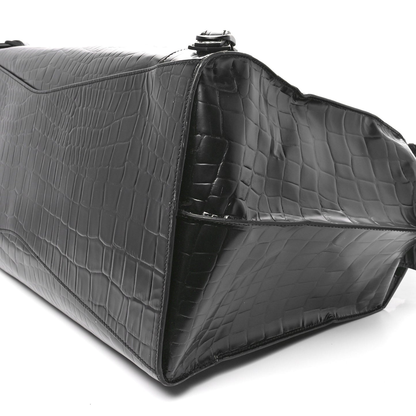 Semi Matte Calfskin Crocodile Embossed Neo Classic Black Hardware Large Top Handle Bag Black
