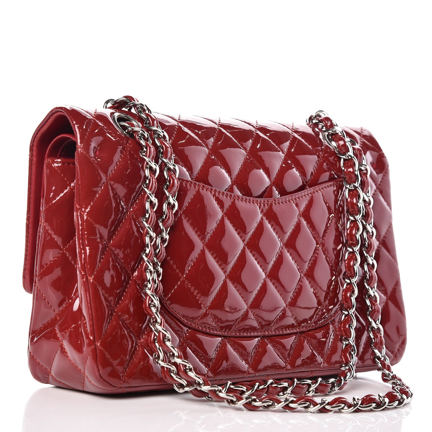 Patent Calfskin Quilted Medium Double Flap Dark Red