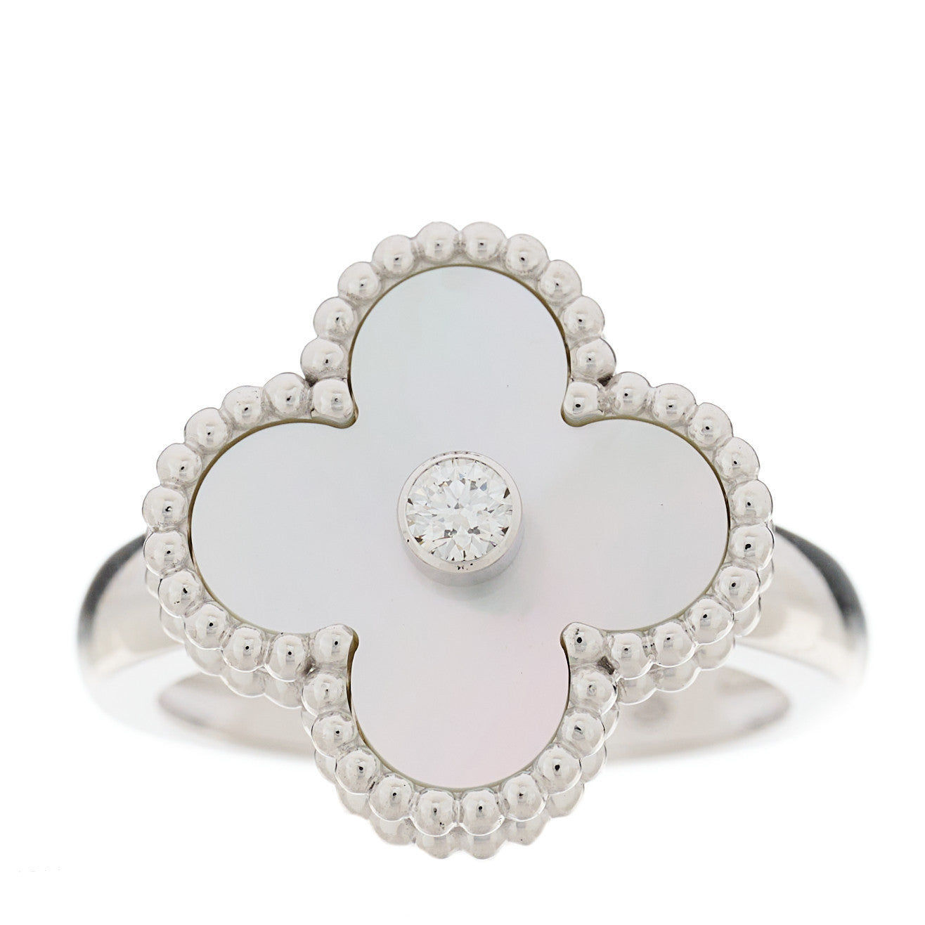 Van Cleef & Arpels 18K White Gold Diamond Mother of Pearl Vintage Alhambra Ring 48 4.5 1 of 6