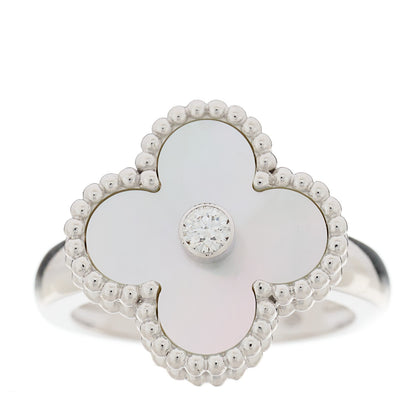 Van Cleef & Arpels 18K White Gold Diamond Mother of Pearl Vintage Alhambra Ring 48 4.5 1 of 6