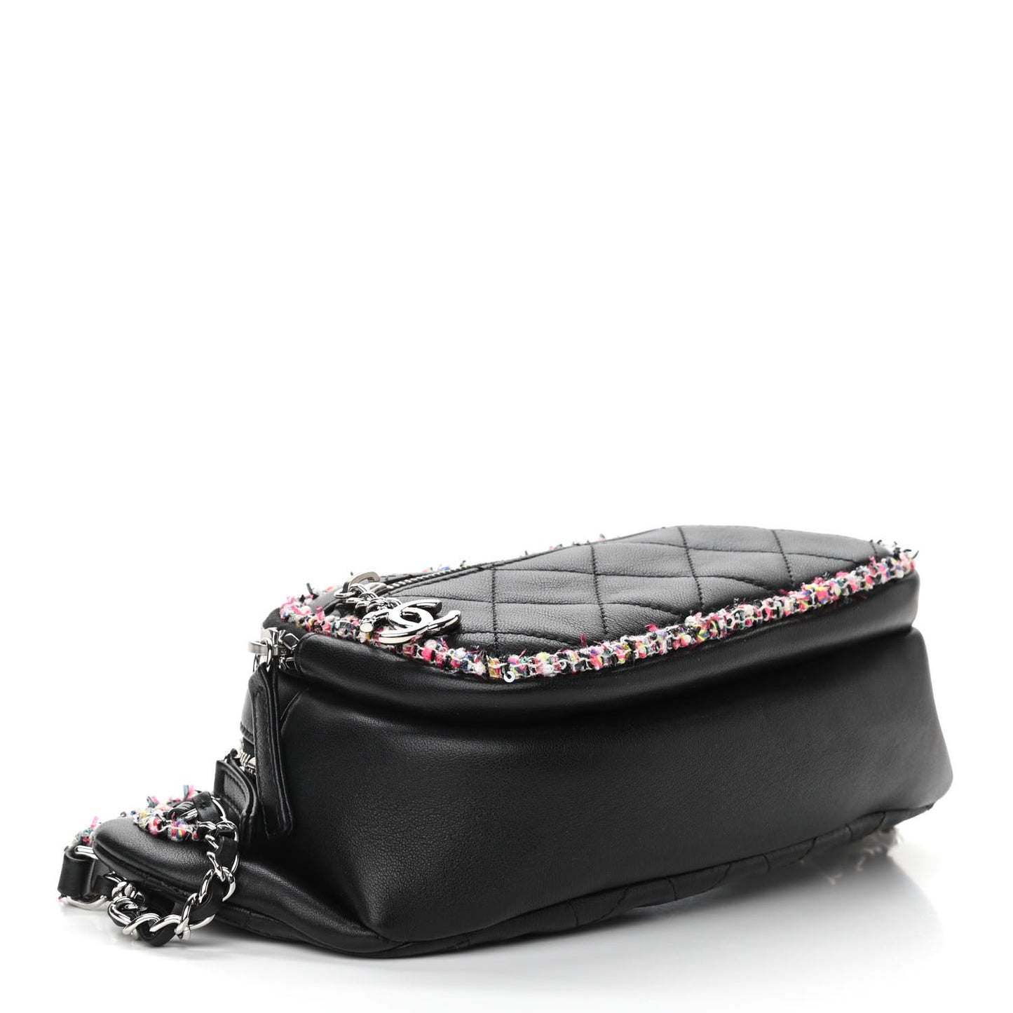 Lambskin Tweed Quilted Elegant Trim Waist Belt Bag Black