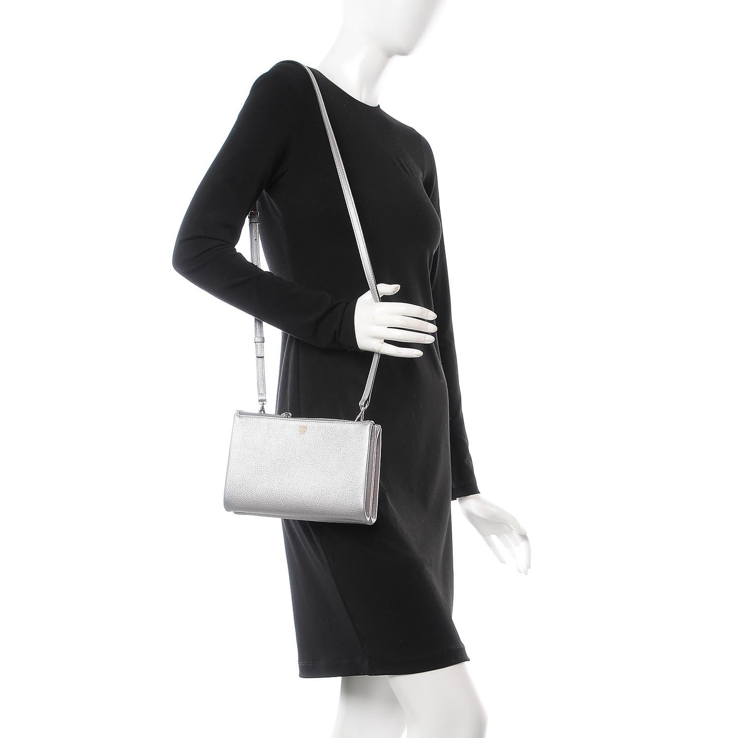 Grained Calfskin Milla Double Crossbody Bag Spike Silver