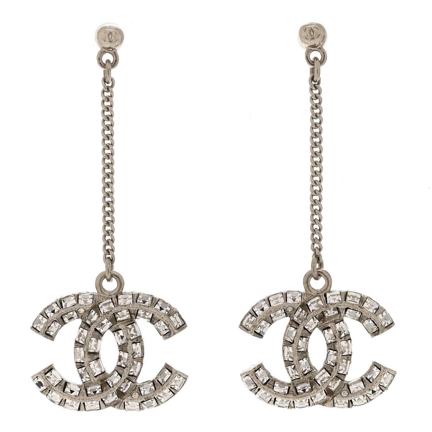 Chanel Baguette Crystal CC Drop Earrings Silver 1 of 5