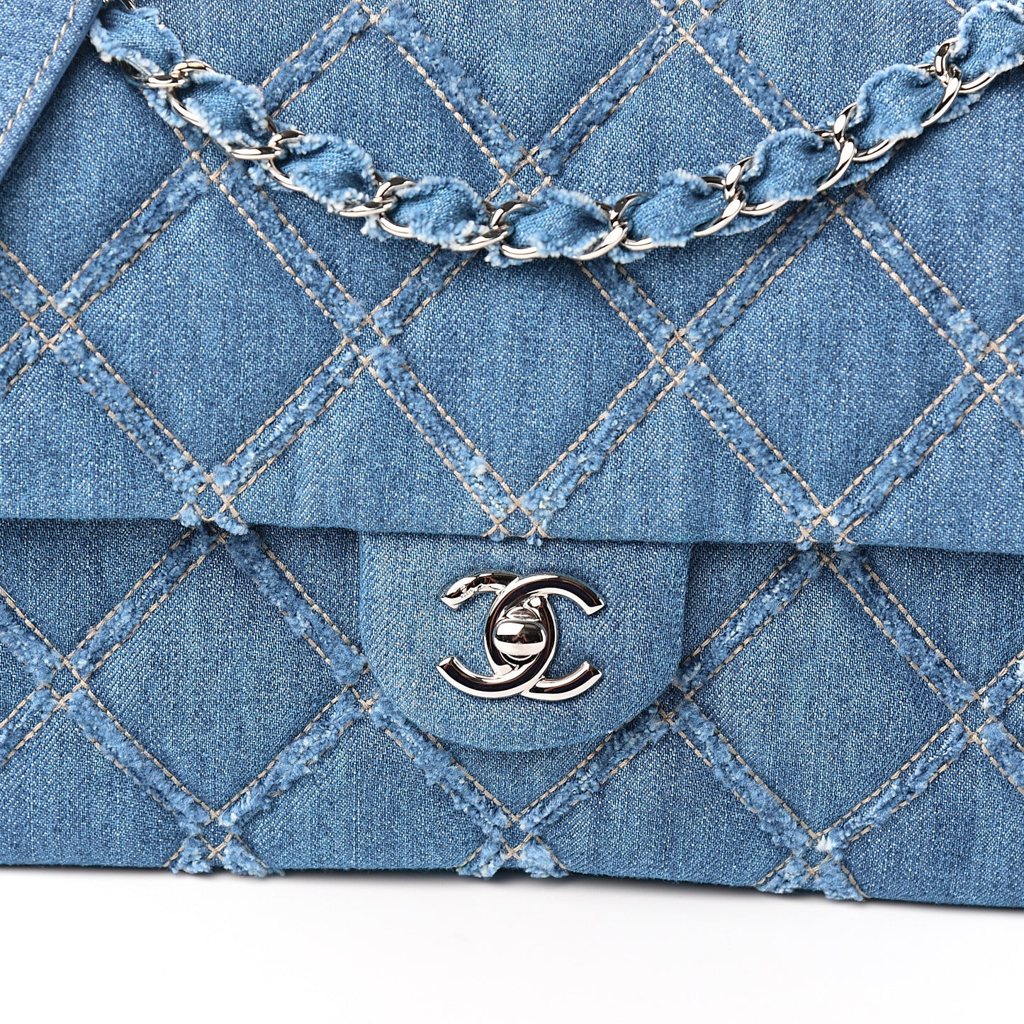 Denim Quilted Medium Distressed Single Flap Blue