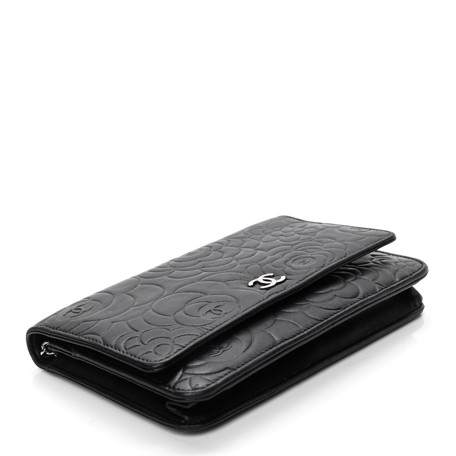 Chanel Lambskin Camellia Embossed Wallet on Chain WOC Black 3 of 5