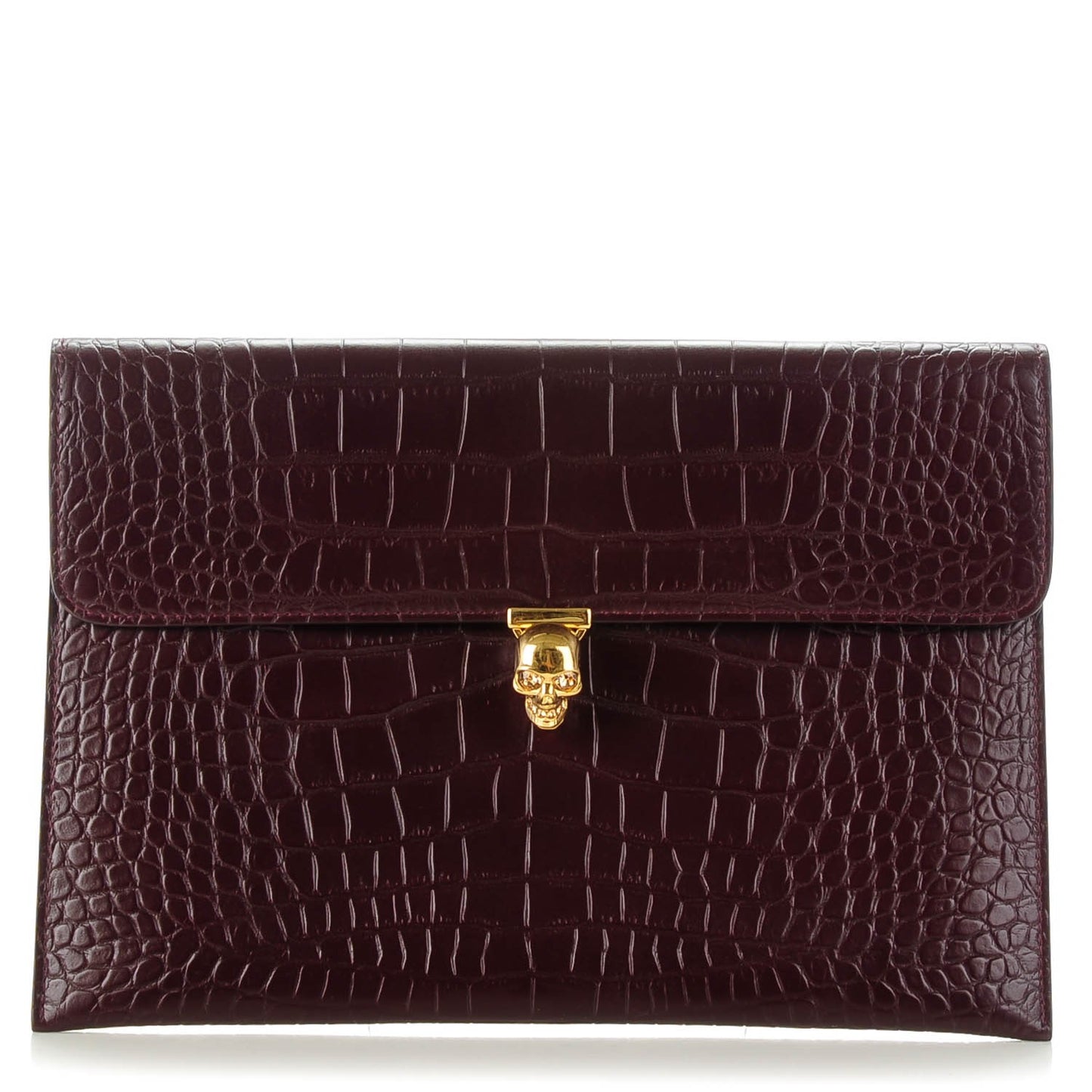 Calfskin Crocodile Embossed Skull Envelope Clutch Bordeaux