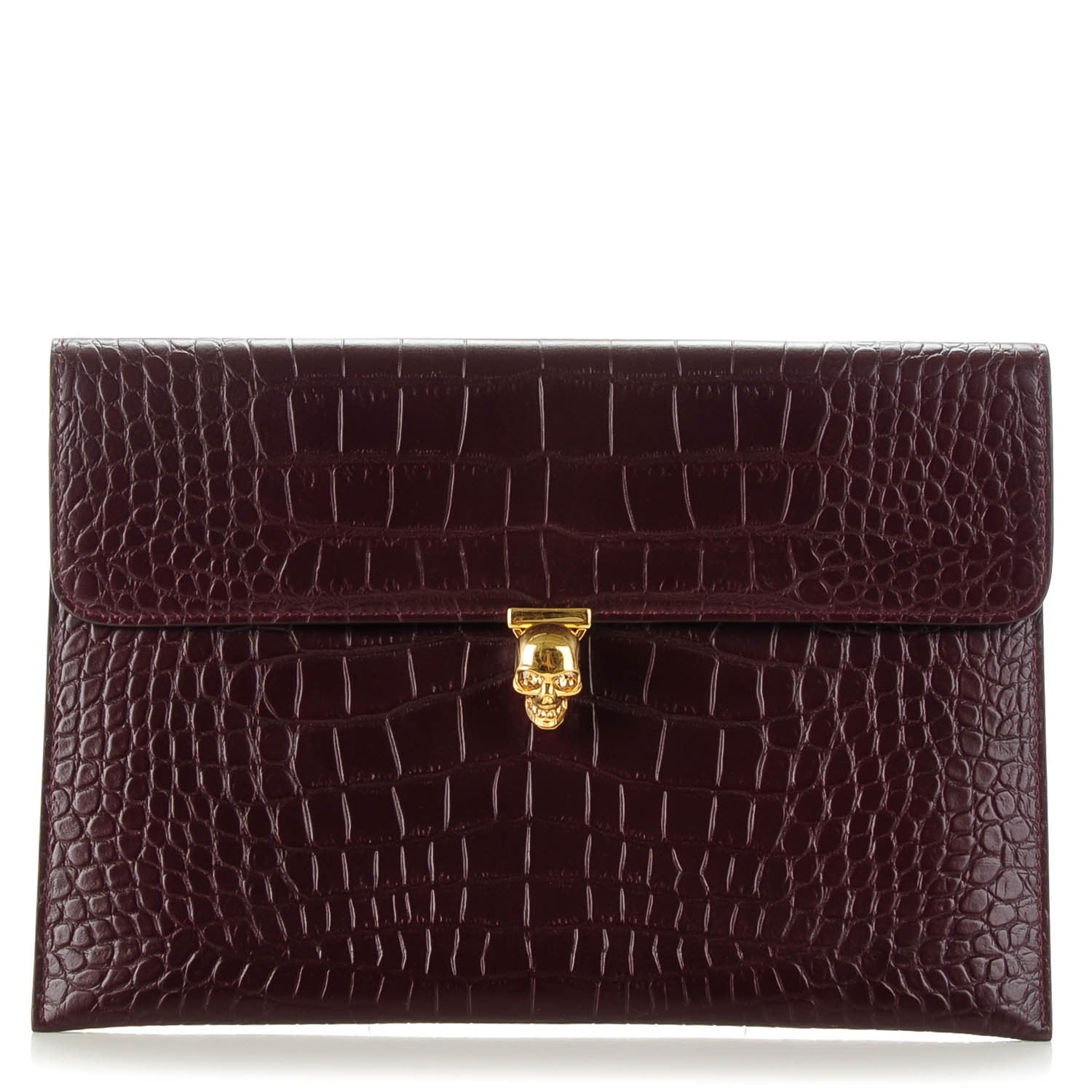 Alexander McQueen Calfskin Crocodile Embossed Skull Envelope Clutch Bordeaux 1 of 8