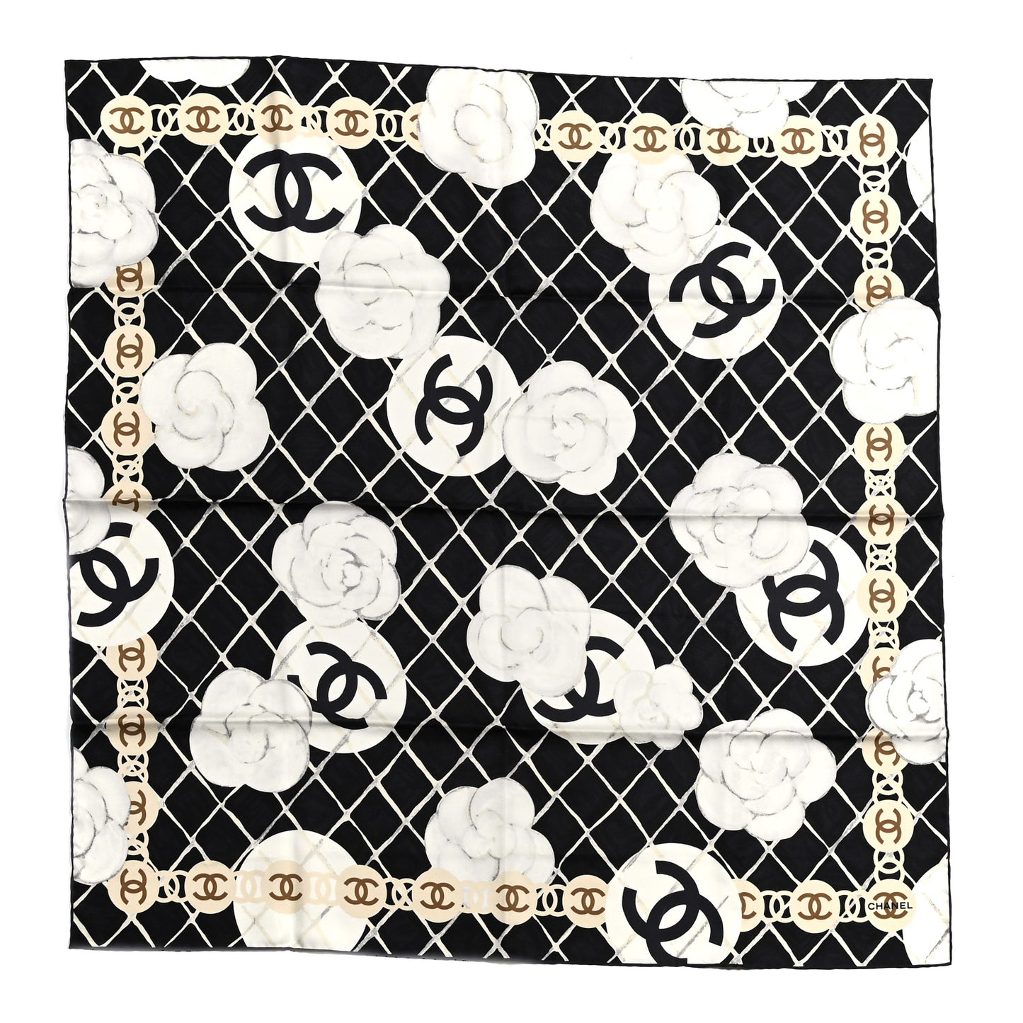 Silk Camellia CC Square Scarf Black