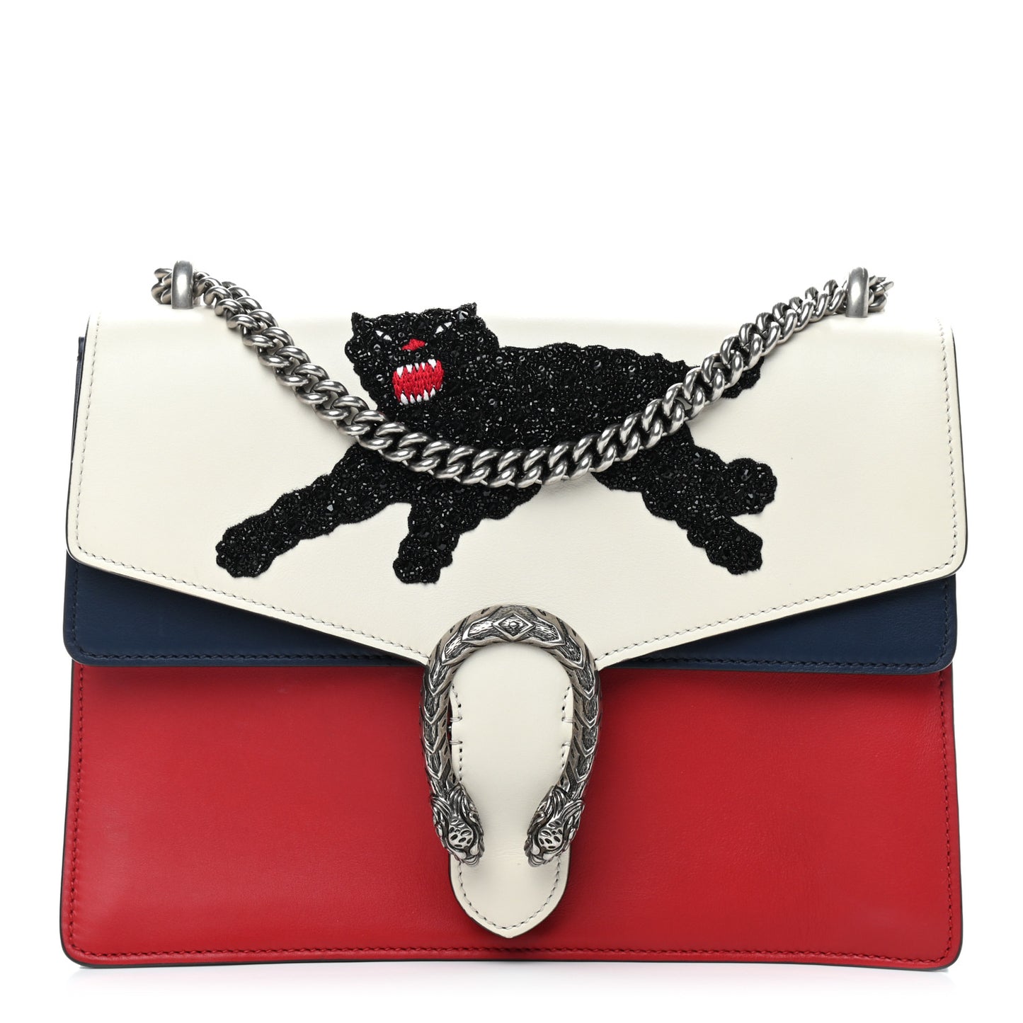 Calfskin Panther Embroidered Medium Dionysus Shoulder Bag White Blue Hibiscus Red