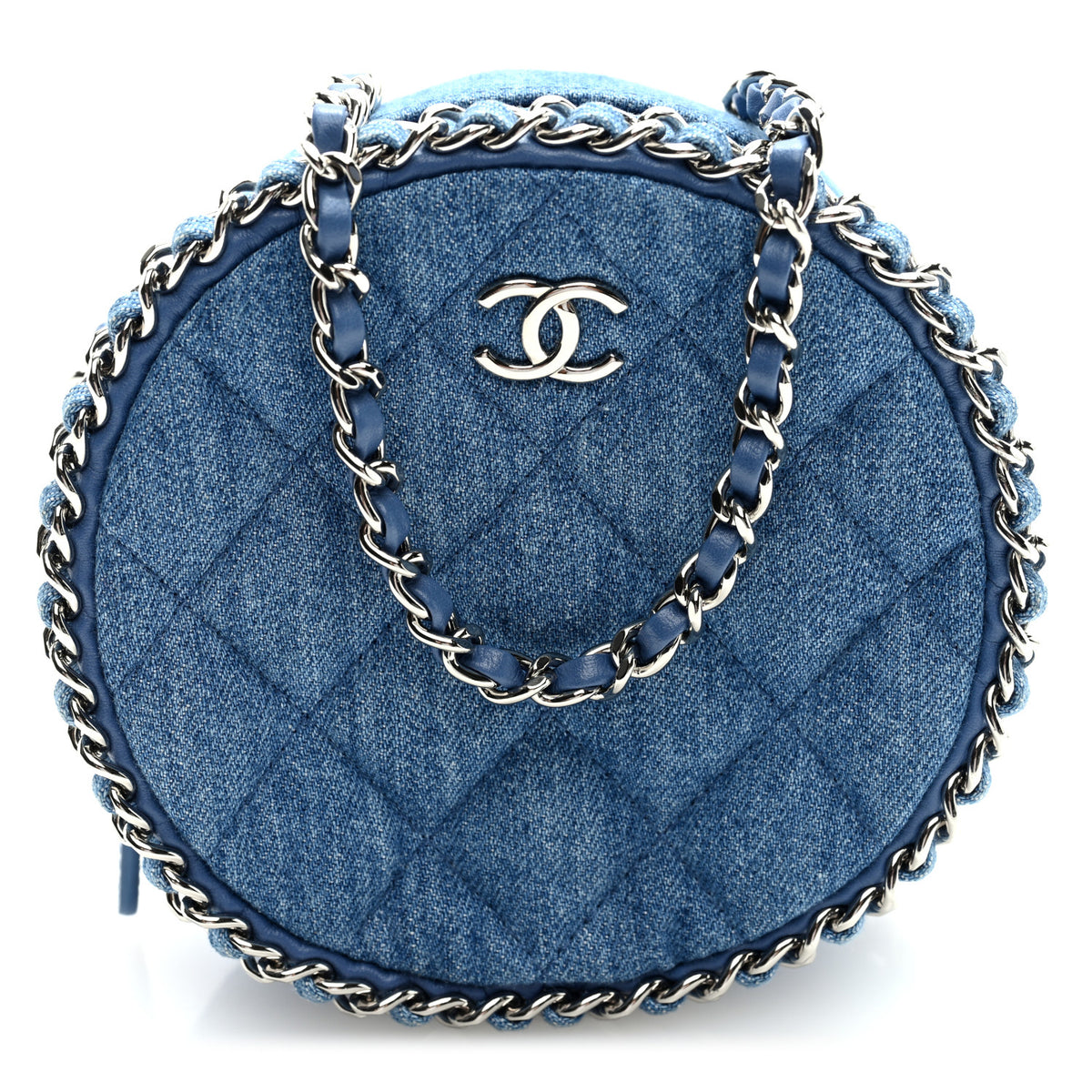 Denim Quilted Round Clutch With Chain Blue