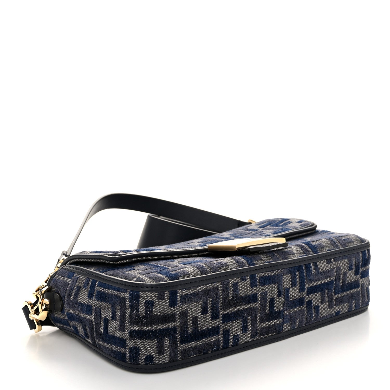 Fendi Chenille FF Embroidered Baguette Dark Blue Grey 4 of 9