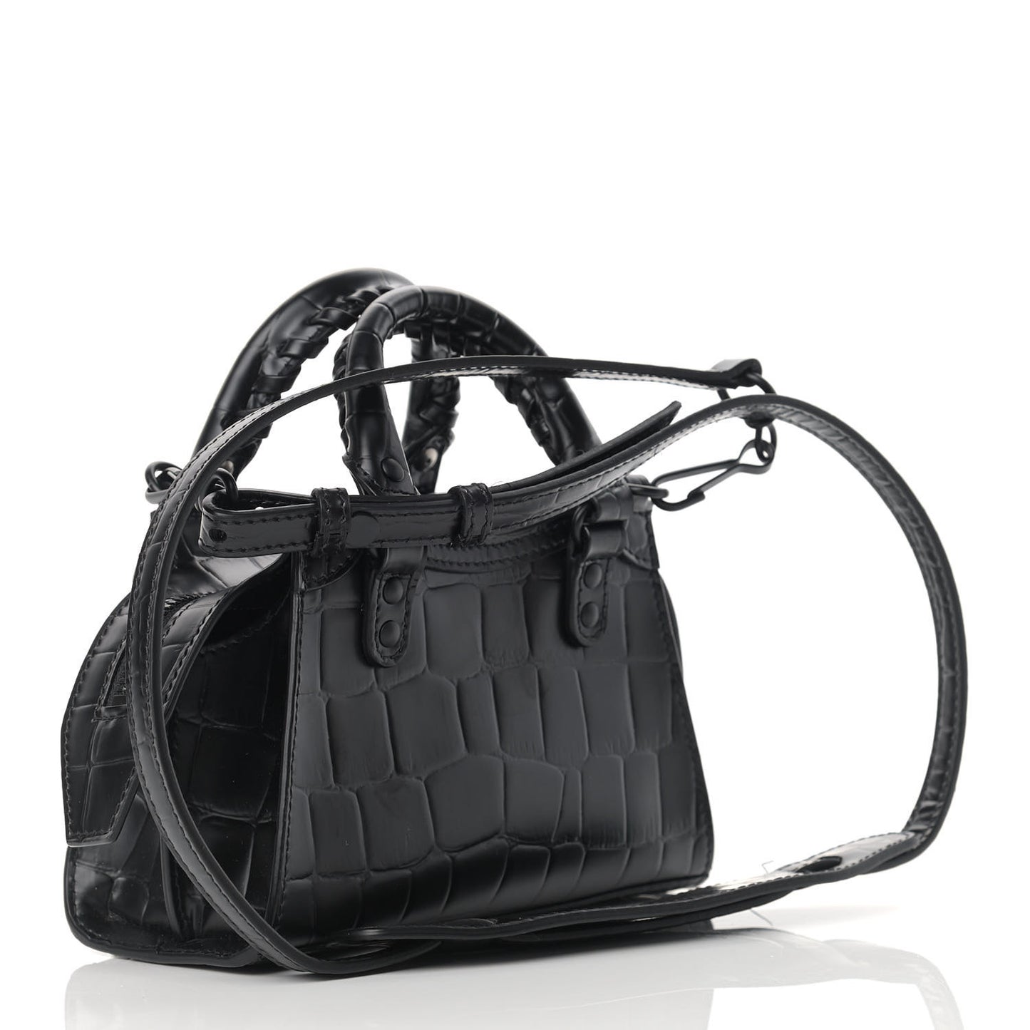 Semi Shiny Calfskin Crocodile Embossed Neo Classic Black Hardware Nano City Crossbody Black