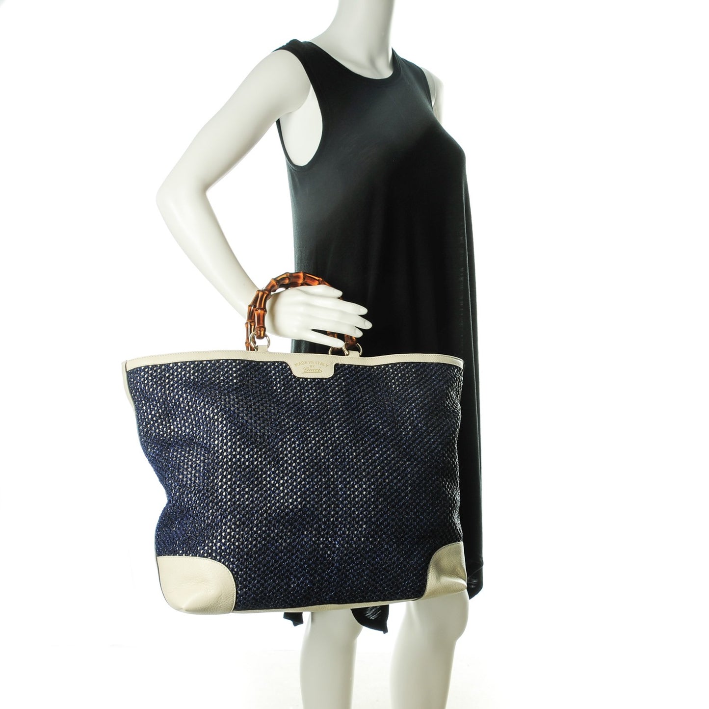 Straw Calfskin Bamboo Shopper Tote Uniform Blue