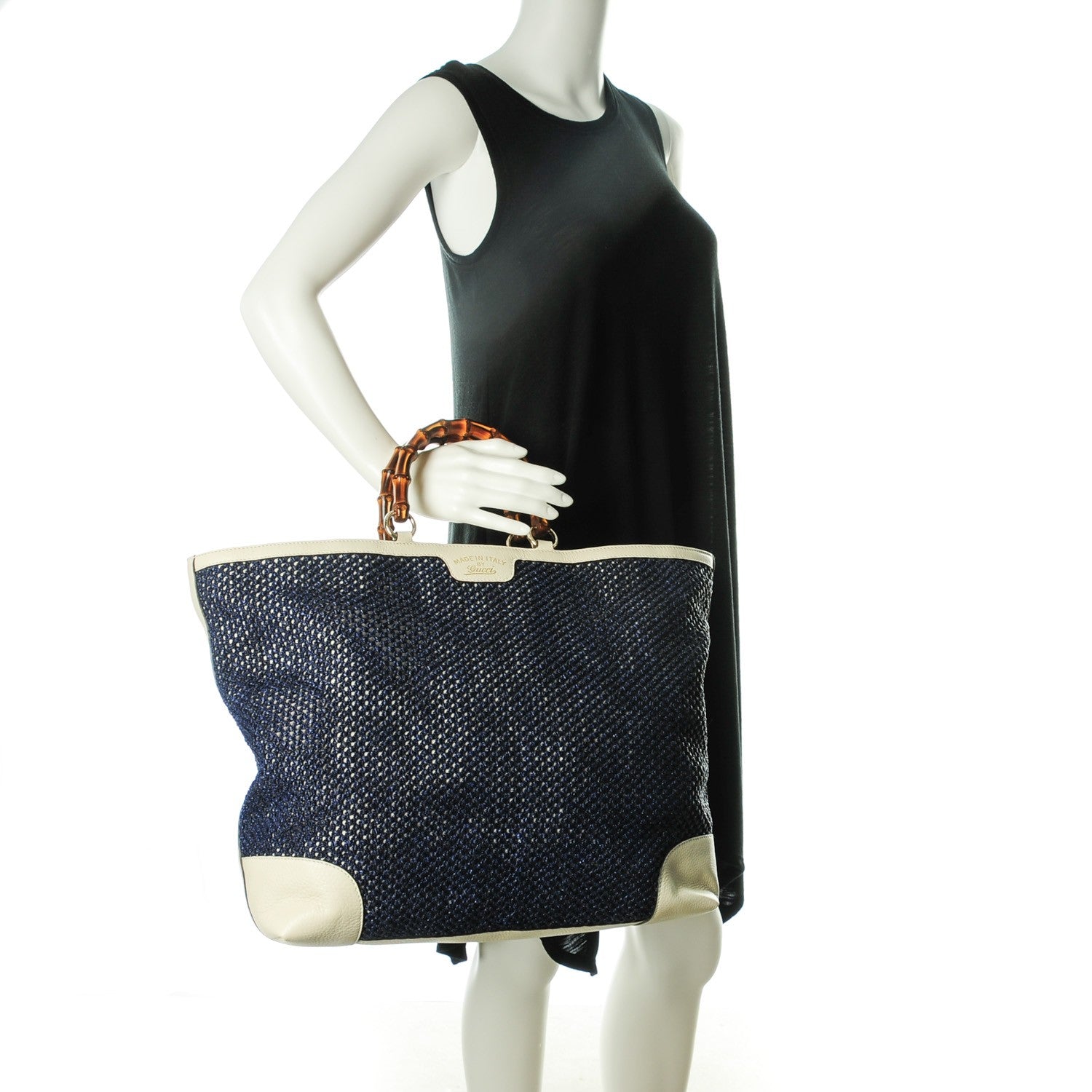 Gucci Straw Calfskin Bamboo Shopper Tote Uniform Blue 2 of 7