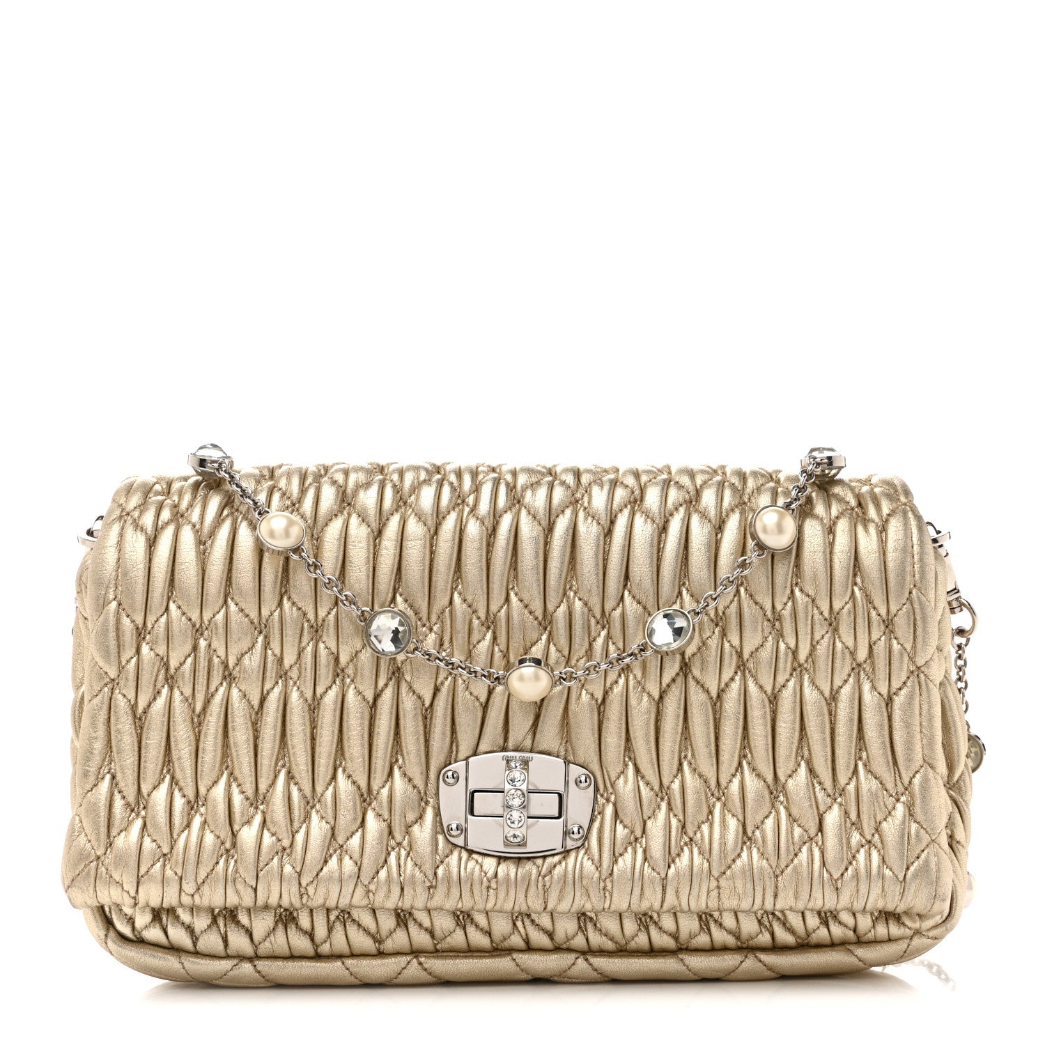 Miu Miu Metallic Nappa Matelasse Crystal Flap Clutch Gold 1 of 15