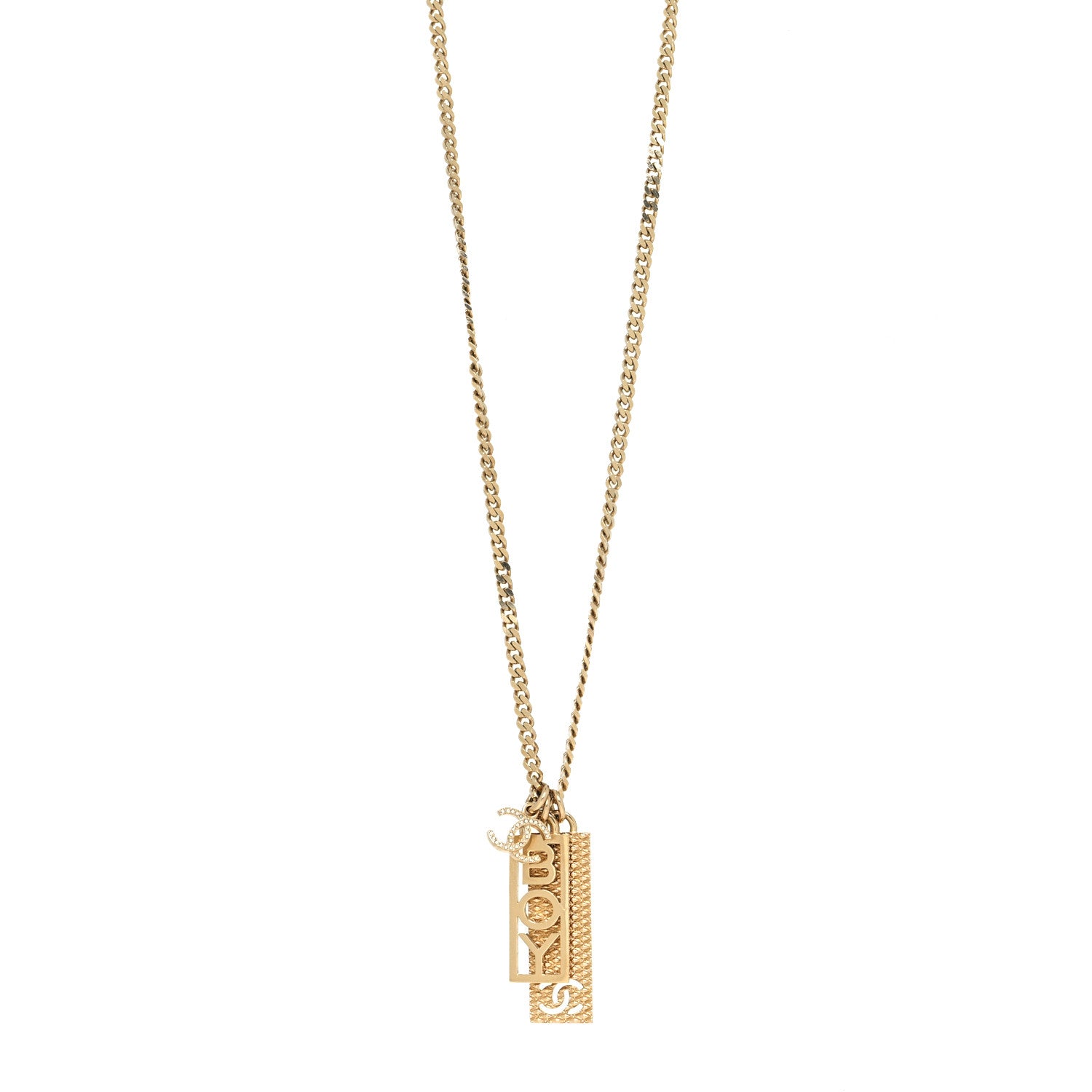 Chanel Metal Crystal CC Boy Pendant Long Necklace Gold 1 of 5