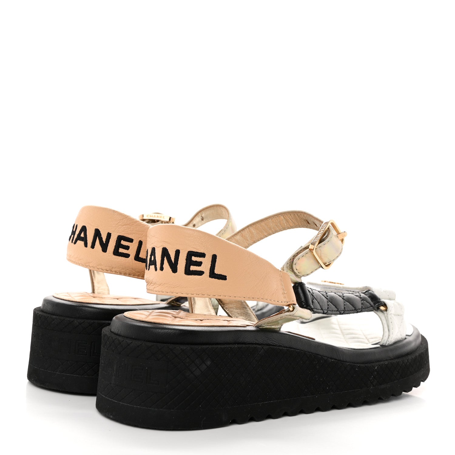 Chanel Lambskin Logo Platform Sandals 39.5 Beige Gold White 4 of 8