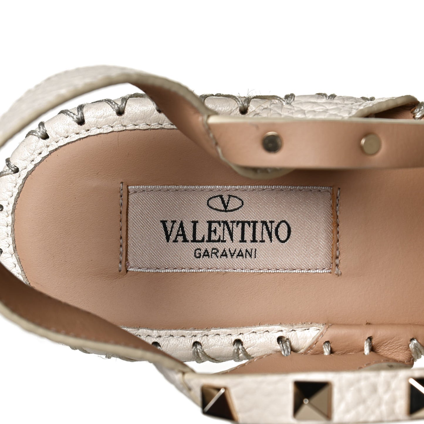 Grained Calfskin Rockstud Ankle Strap Espadrille Wedge Sandals 38 Light Ivory Natural