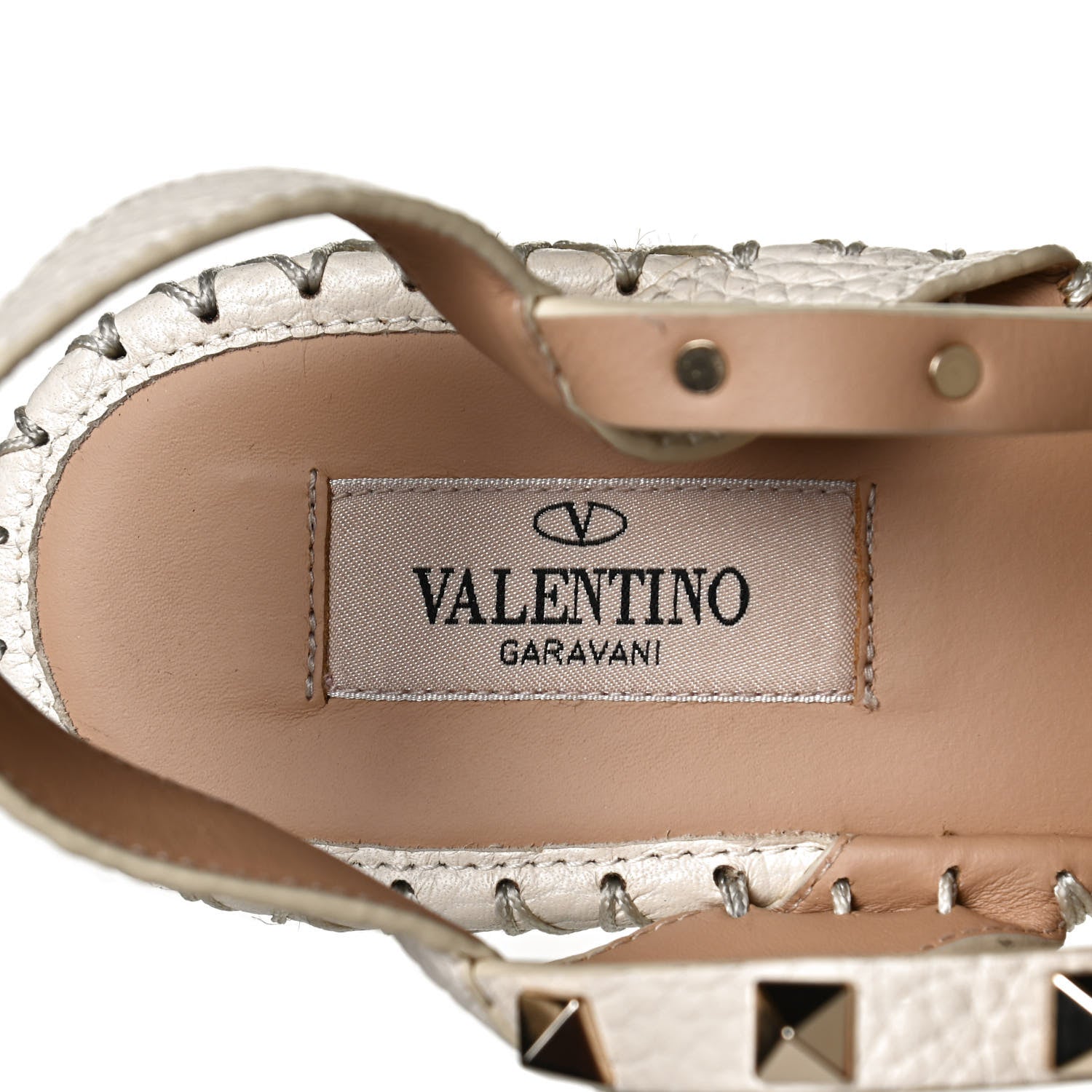 Valentino Garavani Grained Calfskin Rockstud Ankle Strap Espadrille Wedge Sandals 38 Light Ivory Natural 9 of 12