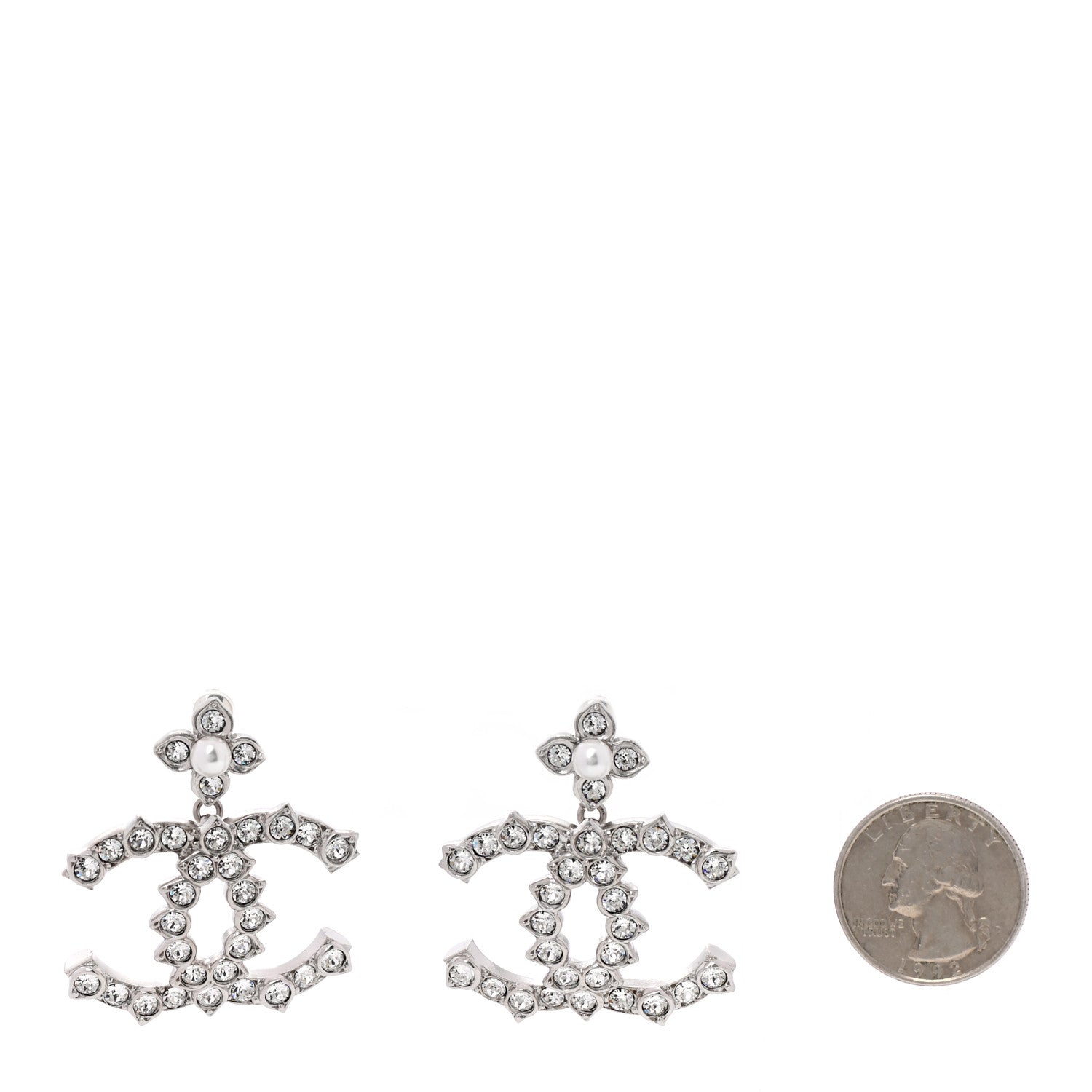 Chanel Crystal Pearl CC Drop Earrings Silver 2 of 4
