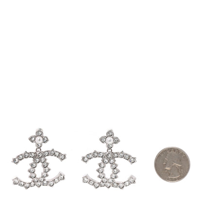 Chanel Crystal Pearl CC Drop Earrings Silver 2 of 4