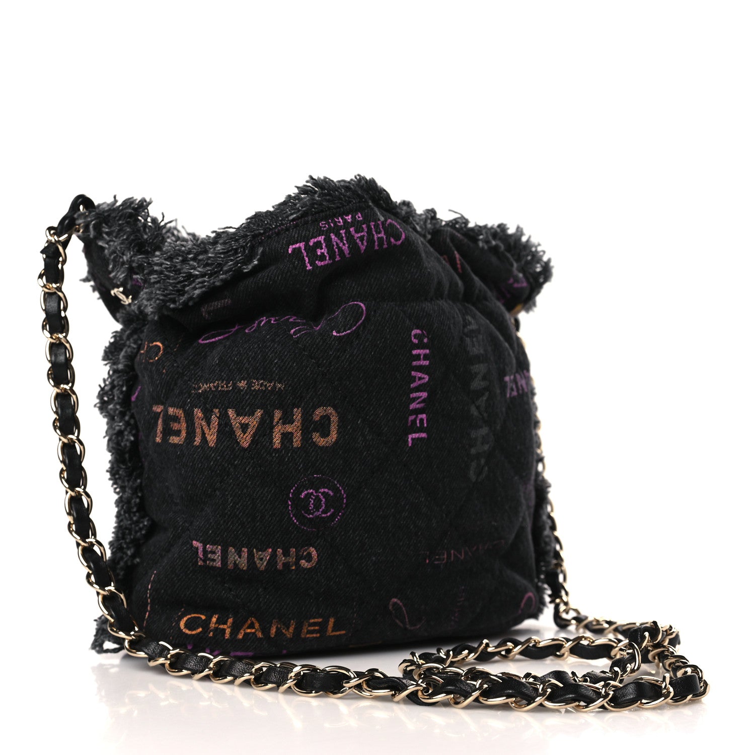 Chanel Denim Quilted Mood Small Bucket With Chain Black Multicolor 3 of 9