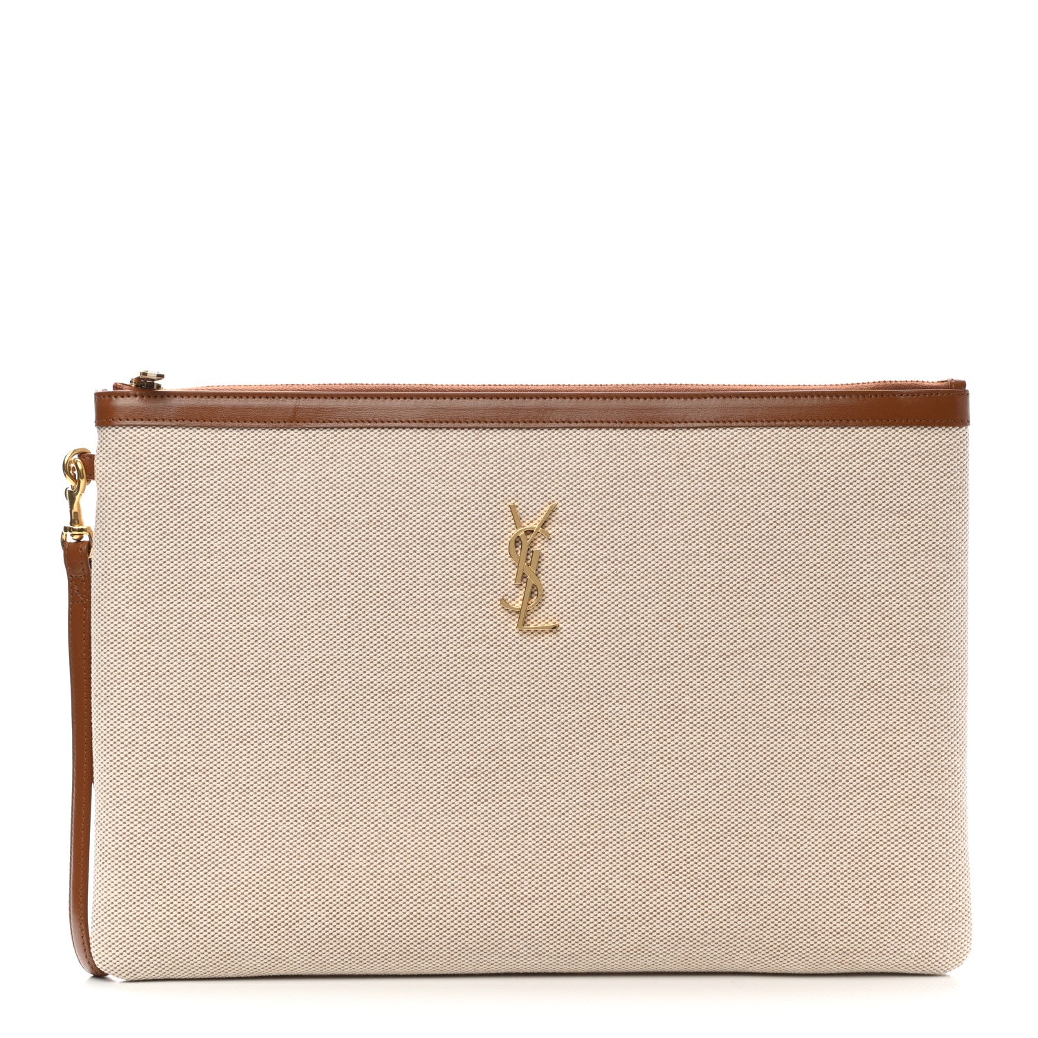 Saint Laurent Canvas Monogram Zipped Pouch Natural Beige Brick 1 of 7