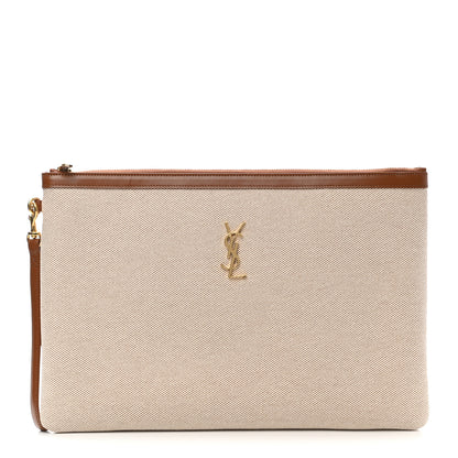 Saint Laurent Canvas Monogram Zipped Pouch Natural Beige Brick 1 of 7