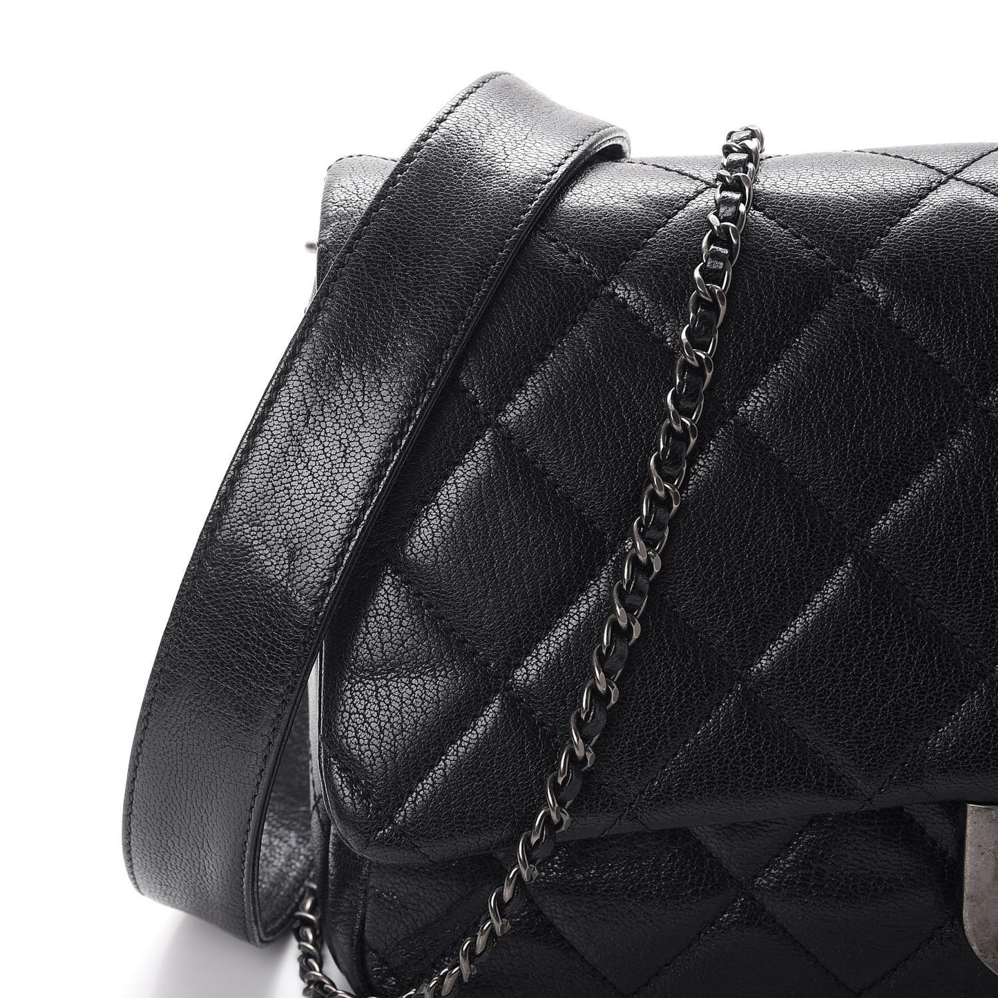 Shiny Goatskin Quilted Large Double Carry Waist Chain Flap Black